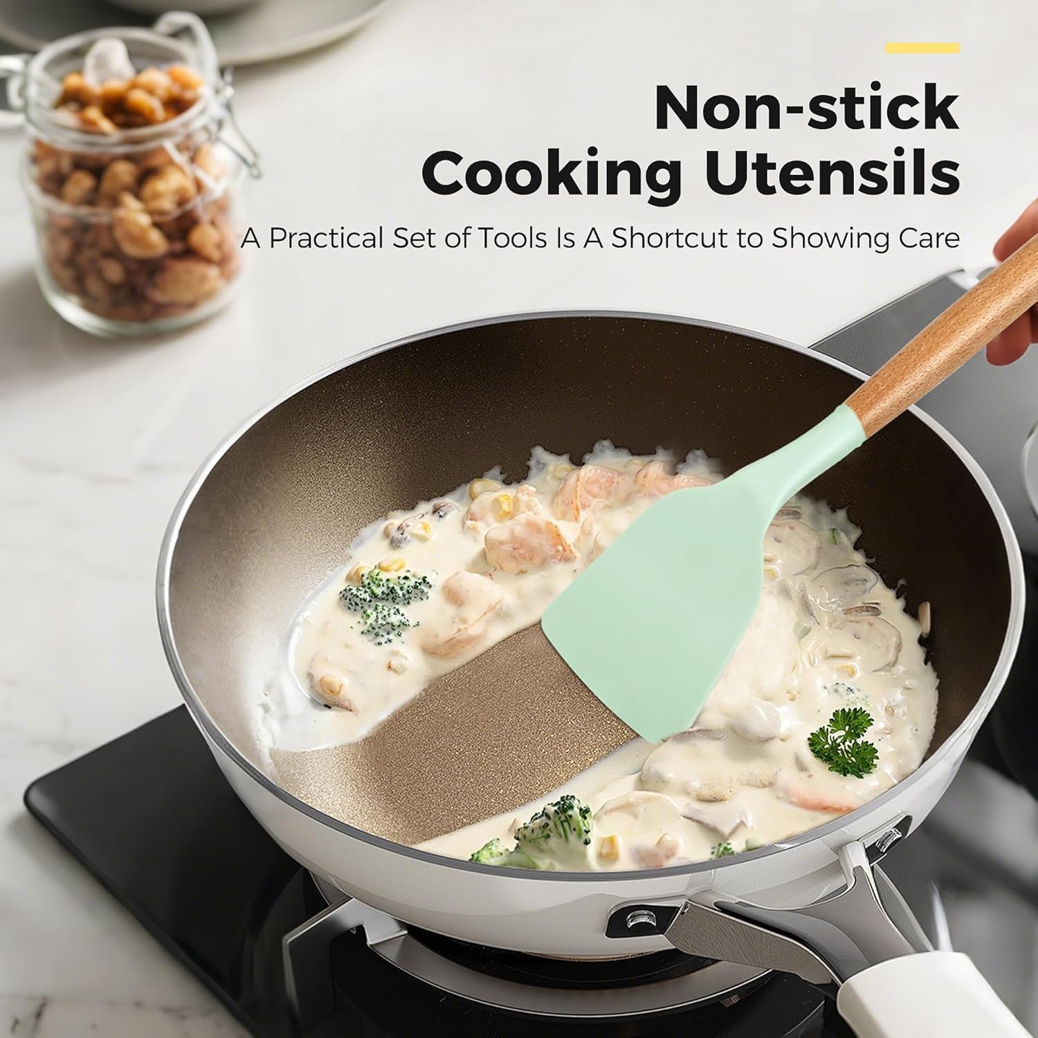 UCRAVO 12 Pc Silicone Kitchen Utensils & Spatula Set (Green) | Non-Stick Cooking/Baking Tools with Wooden Handle | BPA-Free, Heat-Resistant Flexible Silicon Cookware for Non-Stick Pans