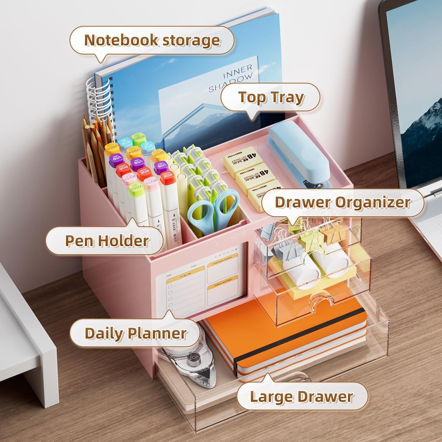 UCRAVO Pink Desk Organizer with Drawers for Office, Study Table, Home Multi-Functional Table Organizer for Stationery, Pens, Markers, Sticky Notes, Files Desktop Storage Box for Students & Office Use