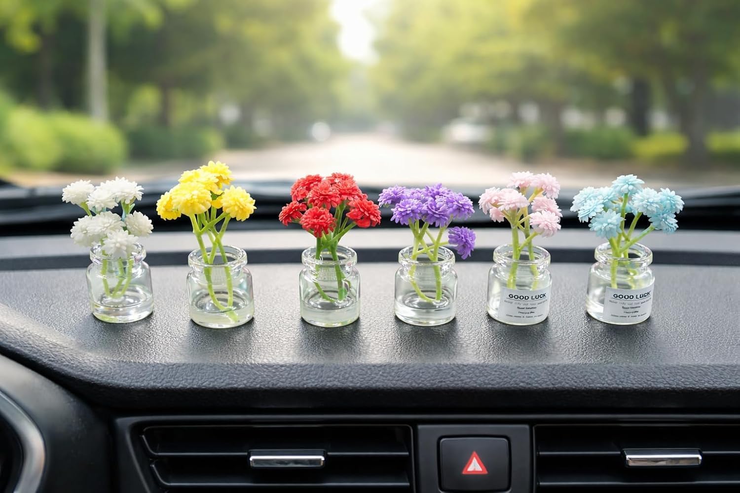 UCRAVO Mini Artificial Flower Vase Set of 6 – Small Glass Bud Vases with Faux Flowers – Decorative Clear Bottle Vases for Living Room, Bedroom, Office Desk, Coffee Table, Rustic Farmhouse Home Decor (pack of 6)