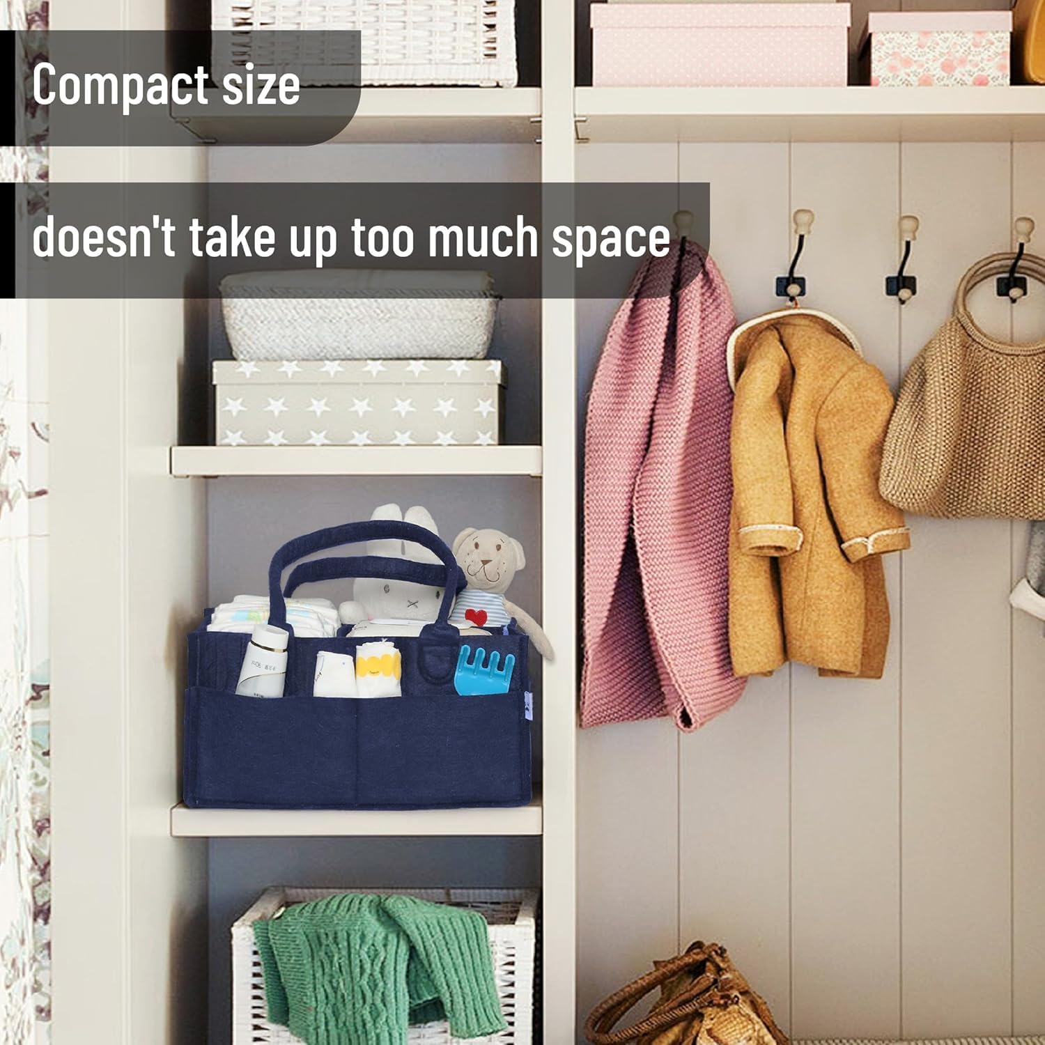 UCRAVO Baby Diaper Organizer,Diaper Caddy Felt Storage Box with Pocket,Portable Baby Wipes Basket with Compartment,Nursery Storage Bin Foldable Carrying Bag Organizer for Car Travel -Blue