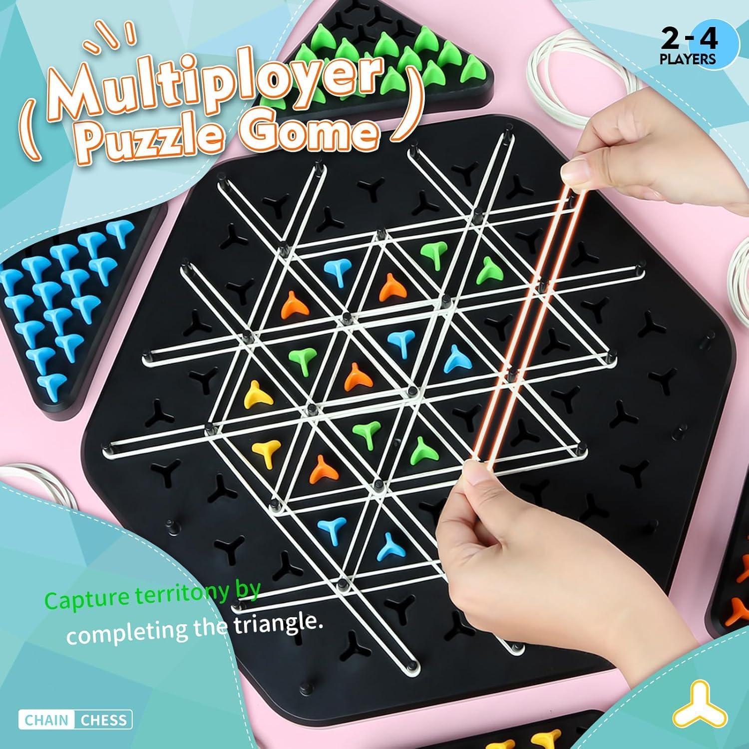 UCRAVO Chain Triangle Strategy Board Game, STEM Learning Geoboard Puzzle for Kids & Adults, Educational Brain Teaser Toy, 2-4 Players Family Fun Night Party Game