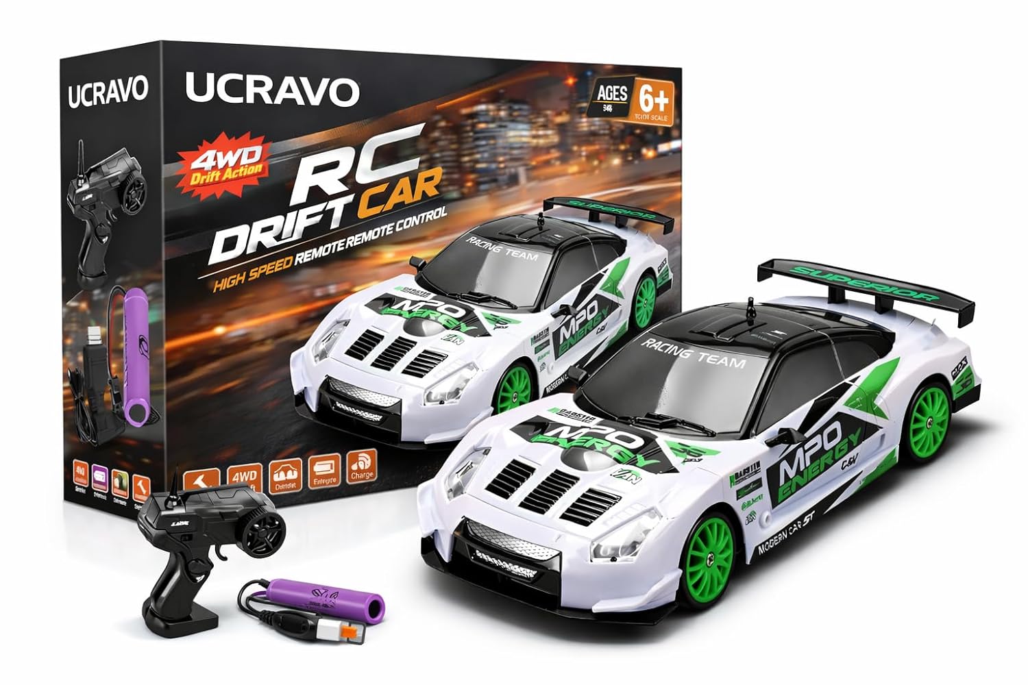 UCRAVO 4WD RC Drift Car for Kids & Adults – High Speed Remote Control Car 2.4GHz, Rechargeable Battery, Racing Drift Car with LED Lights, Toy Car Gift for Boys Girls Age 6 7 8 9 10 11 12+ Years