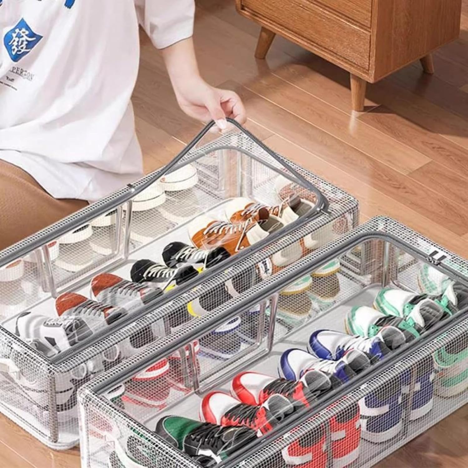 UCRAVO 27 L Shoe Organizer Box Set, 6PCS Foldable & Stackable Shoe Storage Bins with Clear Window & Lid, and Front Window Closet Shoe Box for Entryway, Underbed, Bedroom