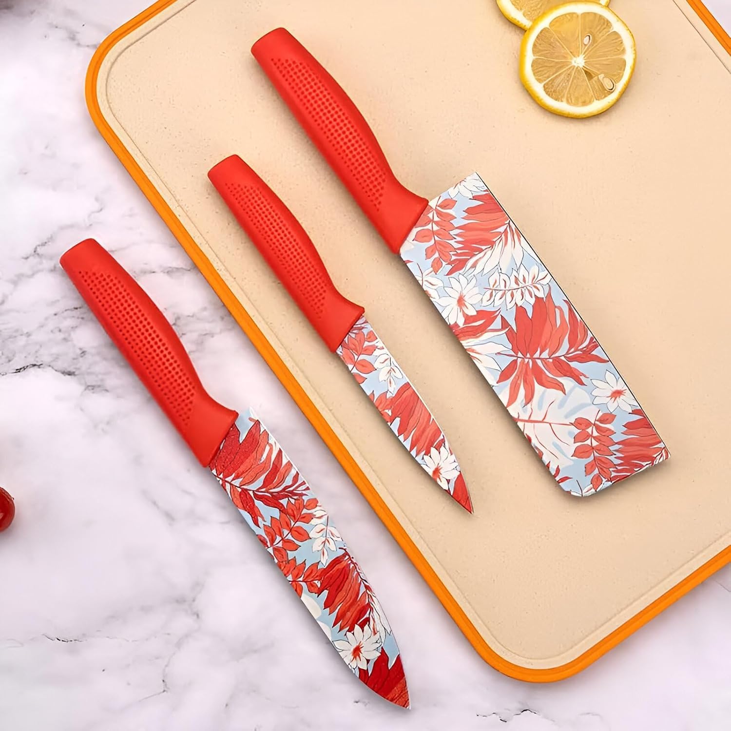 UCRAVO 3-Pcs Red Kitchen Knife Set with Floral Printed Blades Ultra Sharp Stainless Steel Knives | Chef Knife + Paring Knife + Cleaver | Non-Slip Grip |Multipurpose Cooking Knives for Home & Kitchen