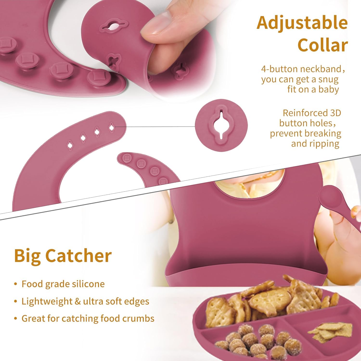 UCRAVO Pink Baby Feeding Set for Girls Silicone Baby Led Weaning Set with Adjustable Bib, Suction Plate, Suction Bowl, Baby Training Cup with Straw, Spoon and Fork Set, Toddler Feeding Essentials