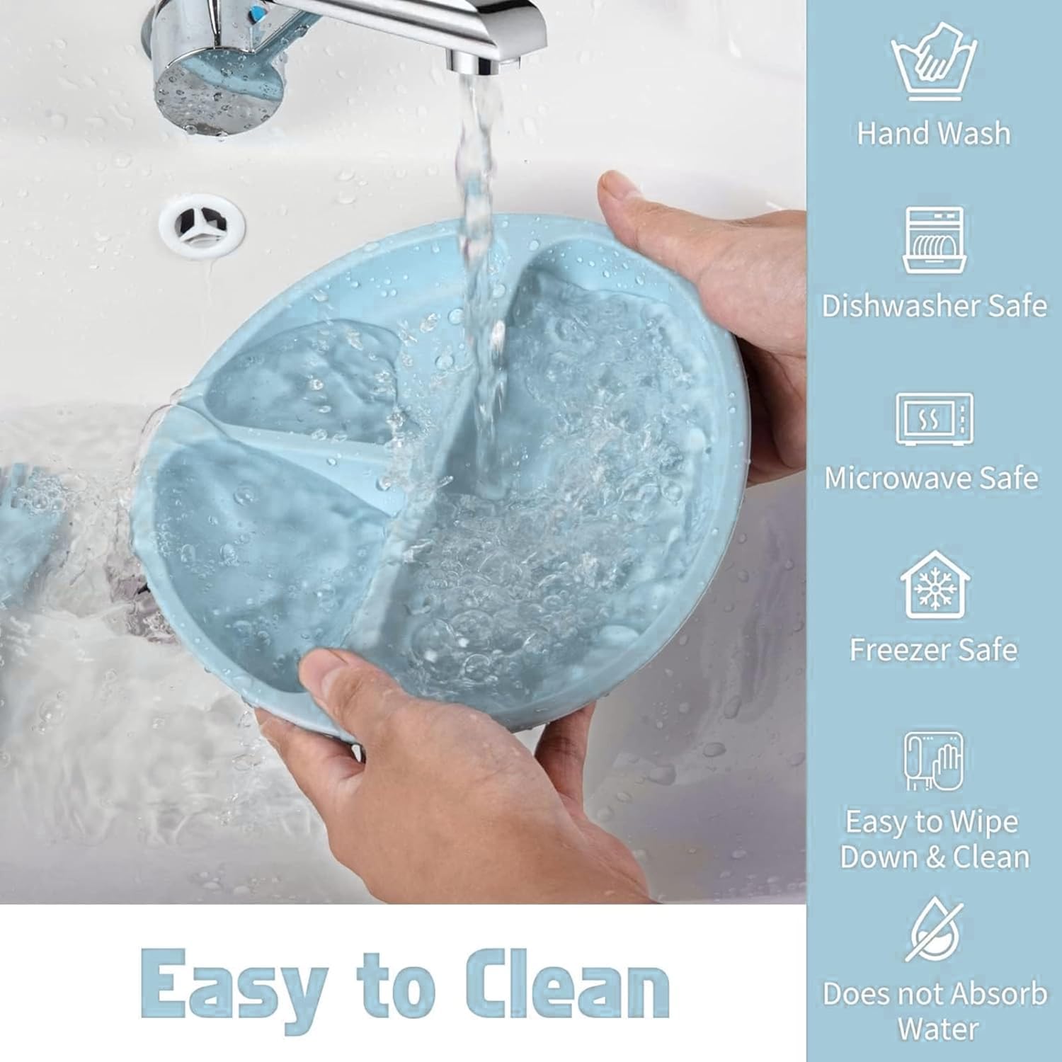 UCRAVO Baby Silicone Feeding Set 6 PCS – Blue Baby Weaning Suction Bowl,Divided Plate,Bib with Food Catcher,Training Cup with Straw,Spoon & Fork Baby Mealtime Dinnerware Set for Boys & Girls BPA Free