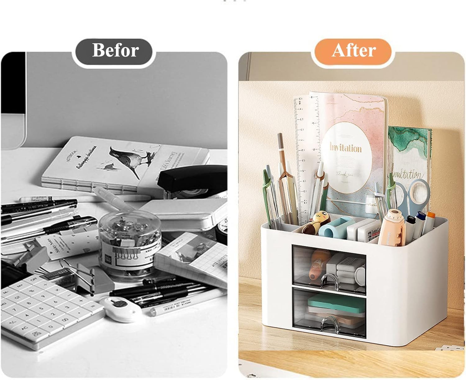 UCRAVO Multi-Functional Desk Organiser with 5 Compartments and 2 Drawer Desktop Office Supplies Stationery Storage Box Cosmetic Organizer for Ballpoint Pens Staplers Clips Sticky Notes - White