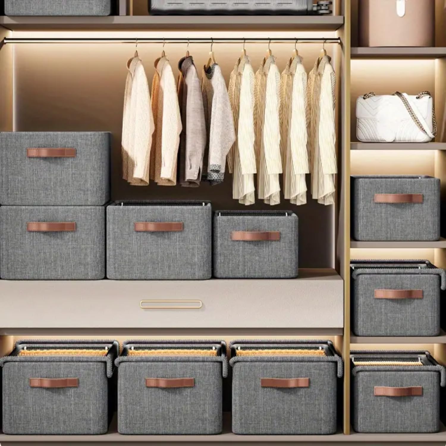 UCRAVO 1PC 26L Foldable Stackable Container Organizer Clothes Storage Box, Metal Frame Durable Clothes Basket Set with Lid & Handle, Fabric Closet Organizer Bin for Collapsible Wardrobe, Bedroom