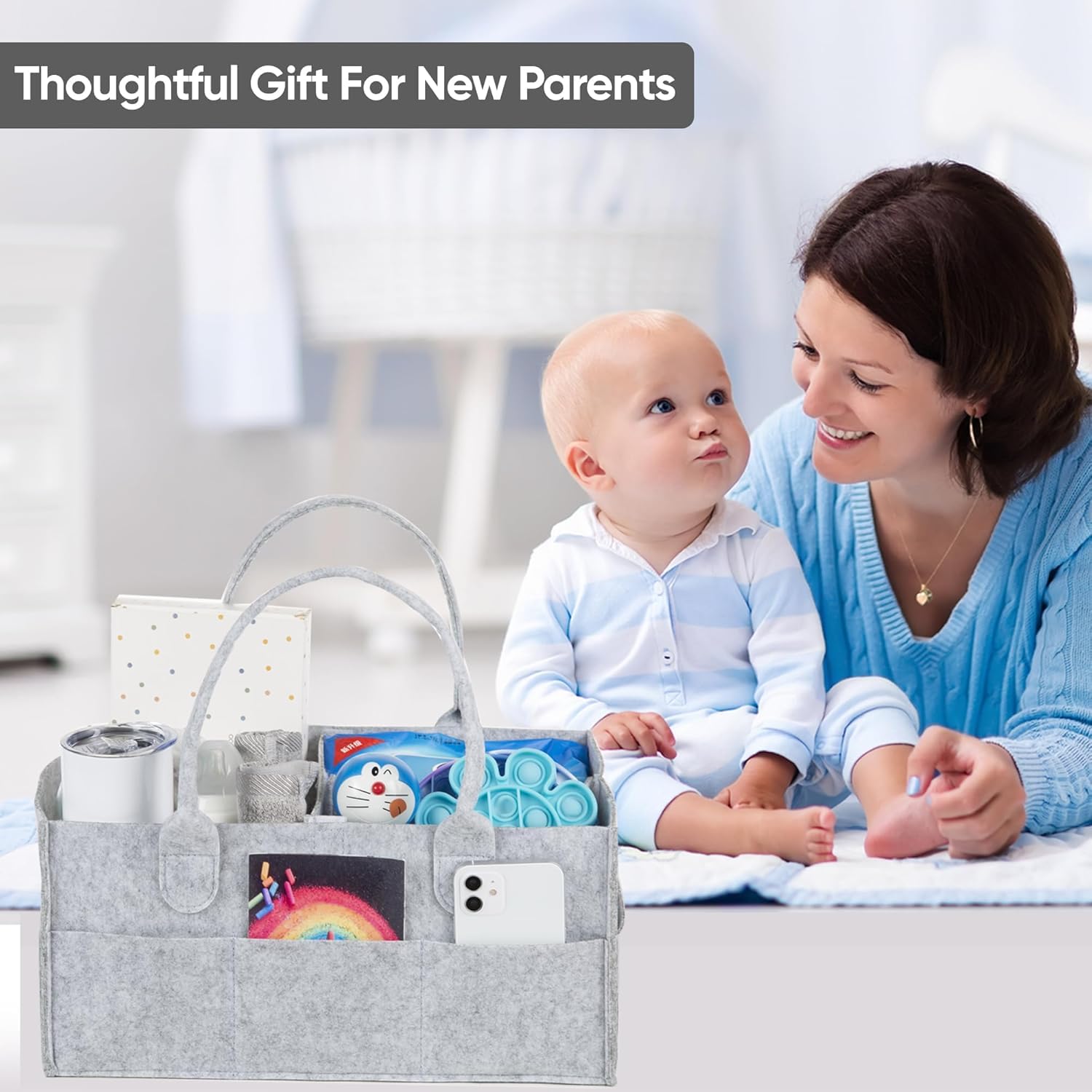 UCRAVO Baby Diaper Caddy Organizer with handles - Nursery Storage basket and Car Organizer for Diapers and Baby Wipes - 5 Compartments, 8 Pockets, Soft, Sturdy, and Convenient Baby Shower Gifts - Grey