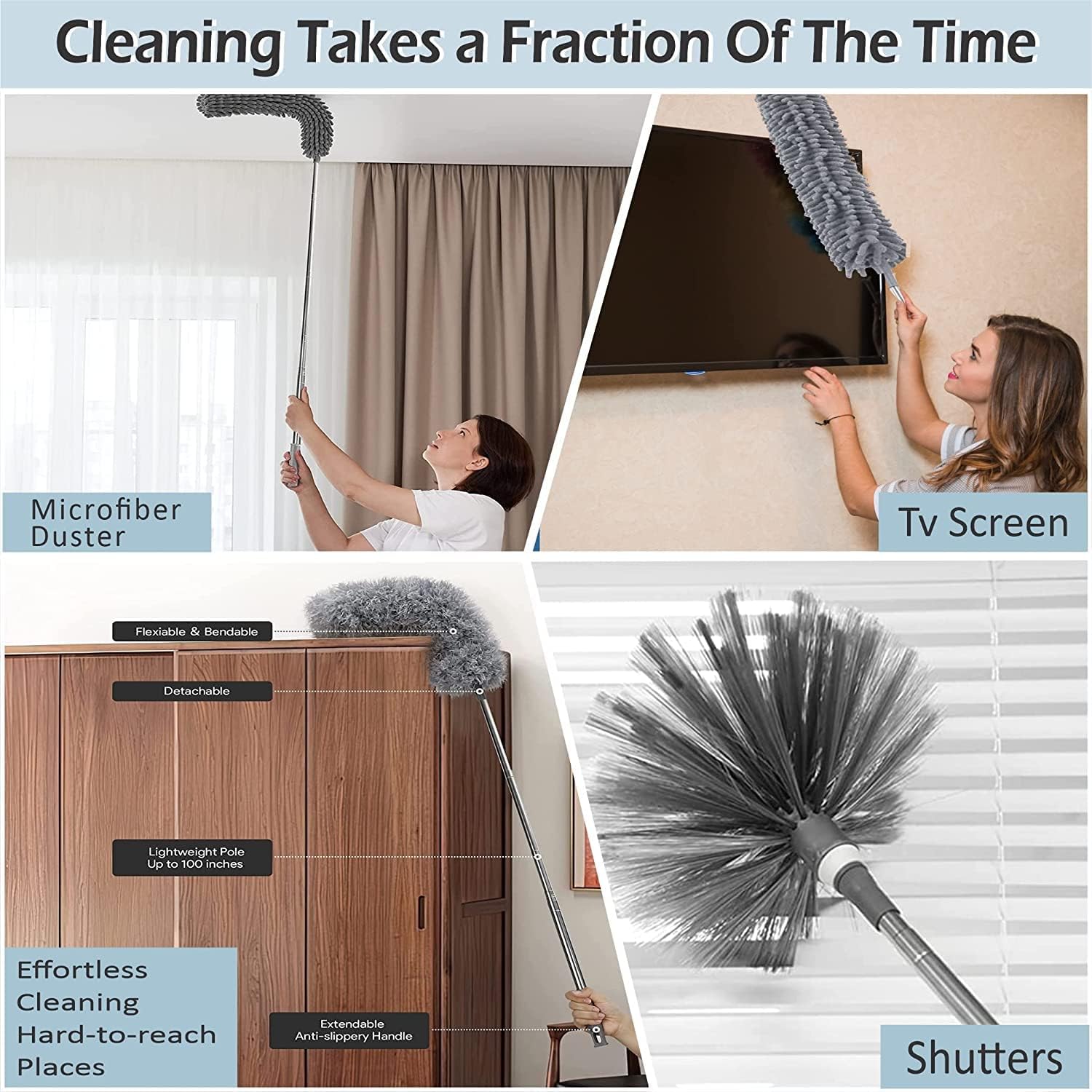 UCRAVO 3 in 1 Microfiber Feather Duster Set with 100 Inch Extendable Pole | 4 PCS Bendable Washable Fan Cleaning Brush for Ceiling Fans, High Ceilings, Cobwebs, Furniture, Walls & Home Dusting