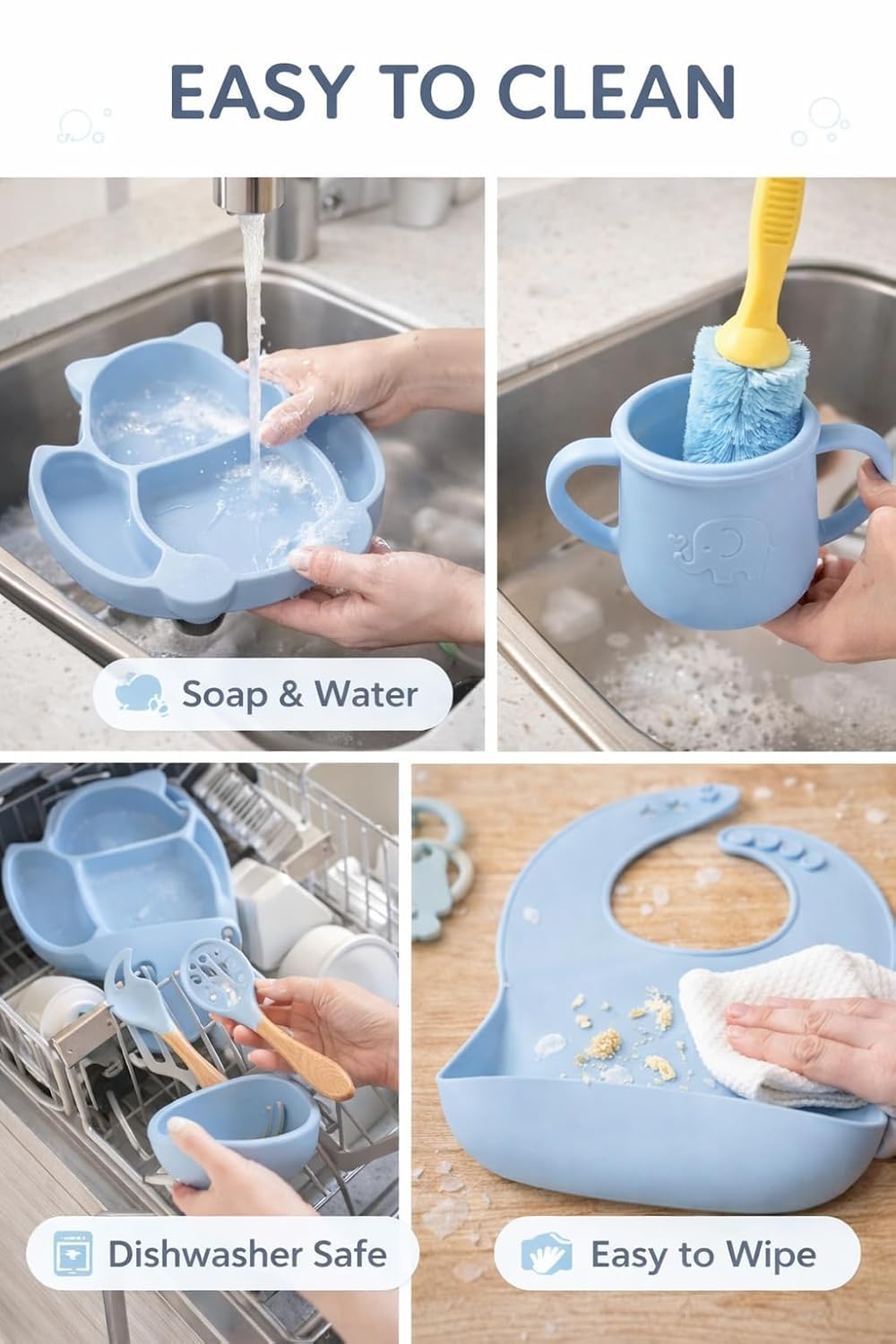 UCRAVO Blue Silicone Baby Feeding Set for Boys & Girls Baby Led Weaning Supplies with Suction Bowl and Divided Plate, Adjustable Silicone Bib,Leak Proof Straw Training Sippy Cup,Soft Tip Spoon & Fork