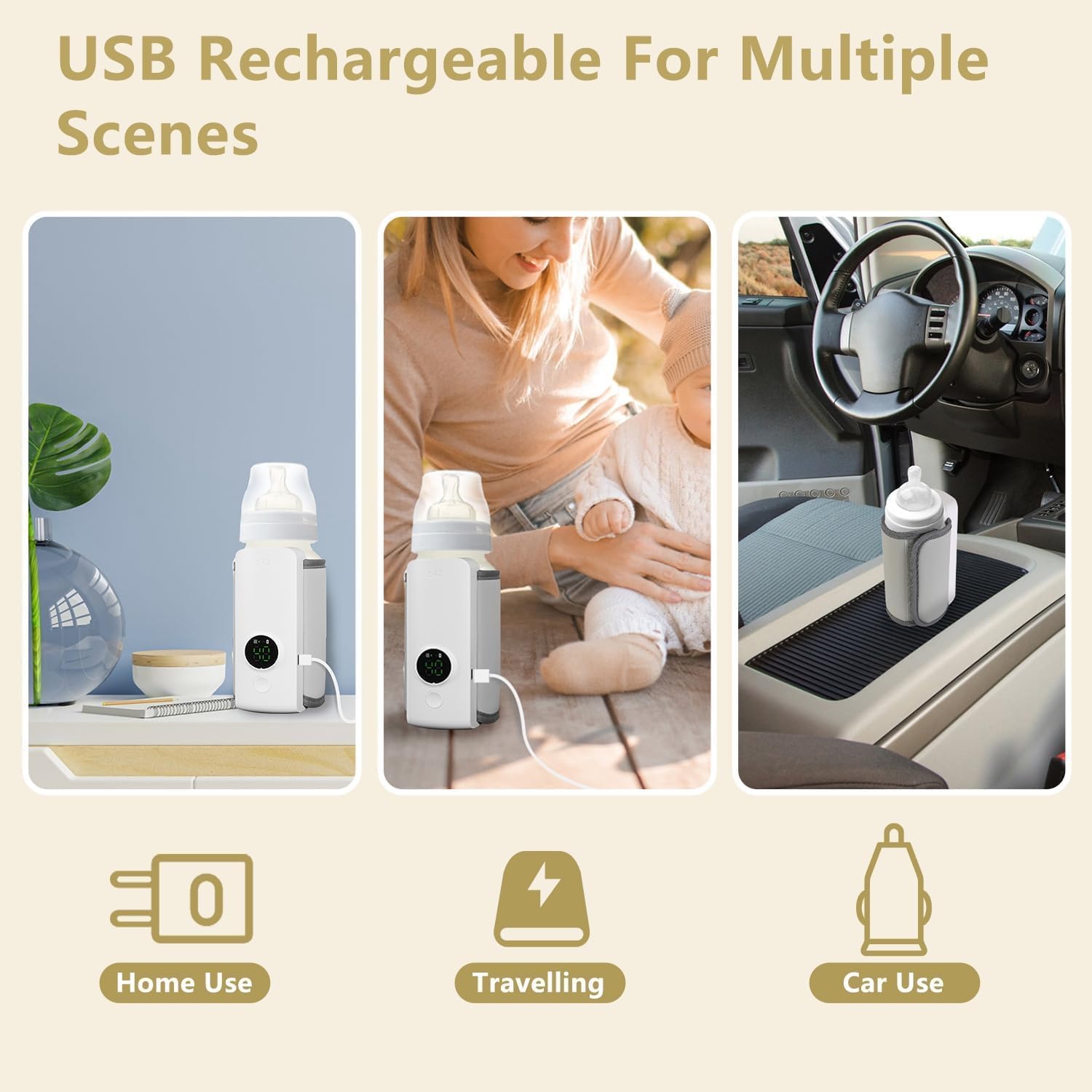 UCRAVO Portable Baby Bottle Warmer Rechargeable Cordless Warmer with Precise Temperature Control Waterless Fast Heating Bottle Heater for Breast Milk & Formula Travel Friendly On-The-Go Feeding Warmer