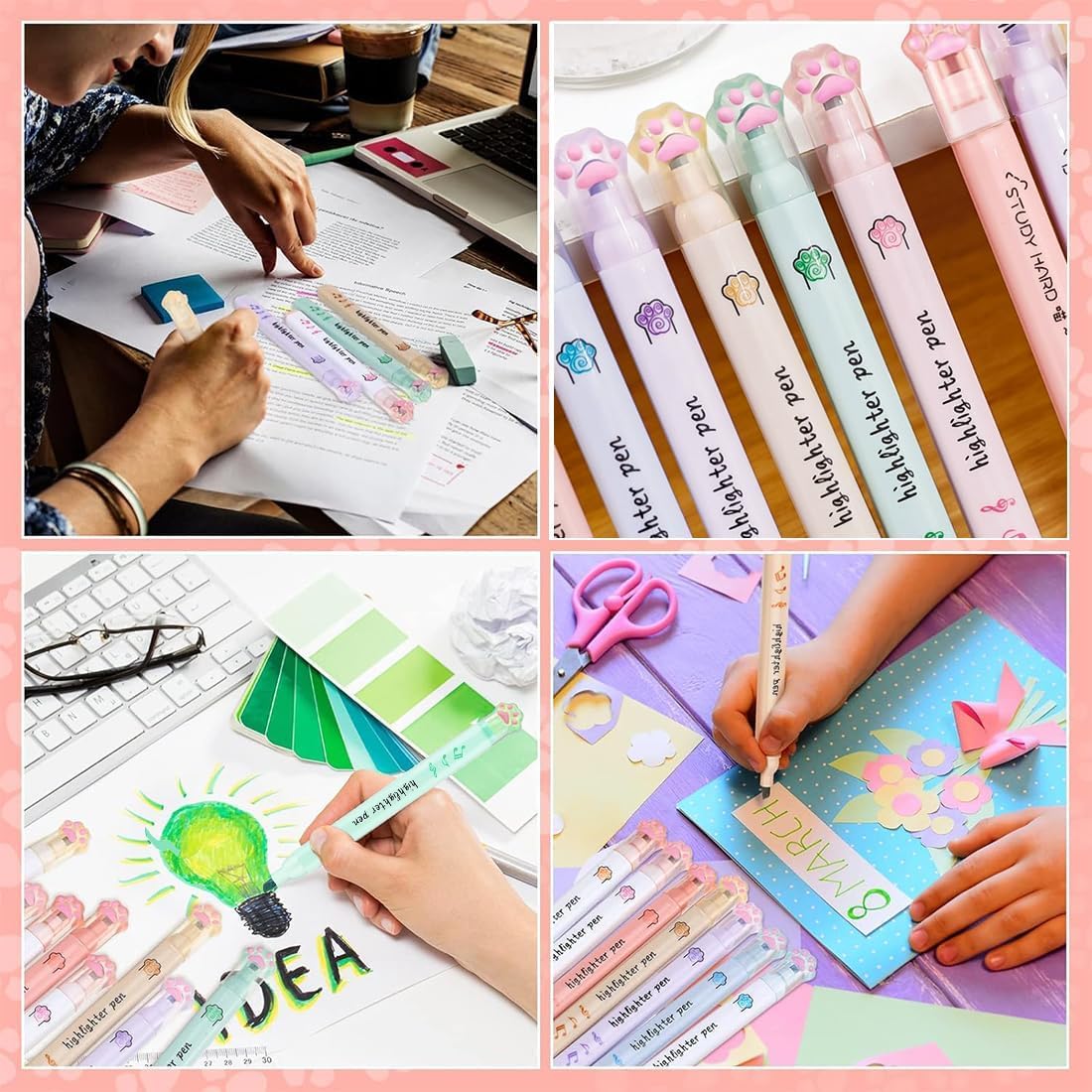 UCRAVO Cute Cat Paw Highlighter Set 6 PCS Single Tip Pastel Highlighter Pens Kawaii Aesthetic Stationery for Students Girls Kids Mild No Bleed Marker for School Supplies,Art Supplies Gift Set