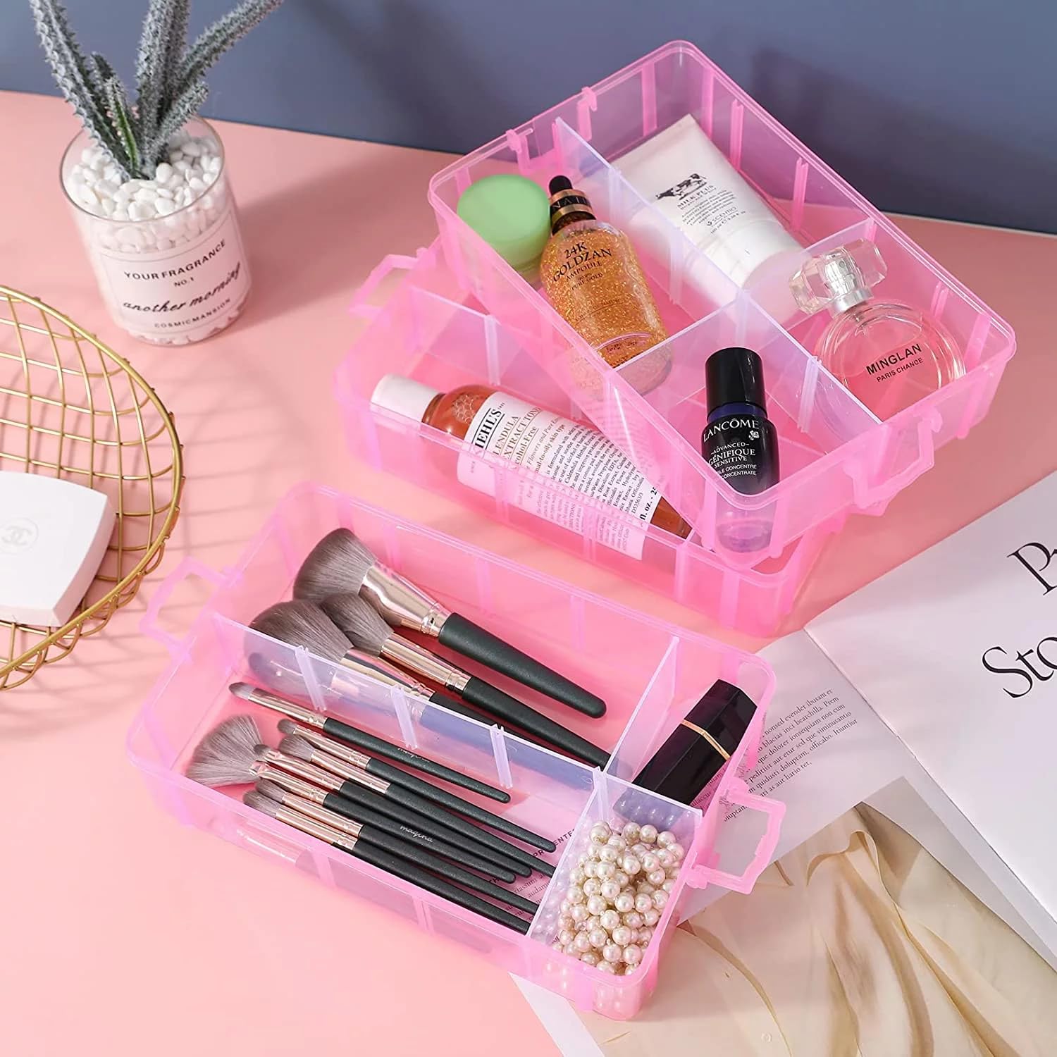 UCRAVO PINK 3-Tier Stackable Storage Container Box with 30 Adjustable Compartments, Plastic Organizer Box Transparent Storage Case for Kids Toys, Art Crafts, Jewelry, Supplies, Fuse Beads, Washi Tapes