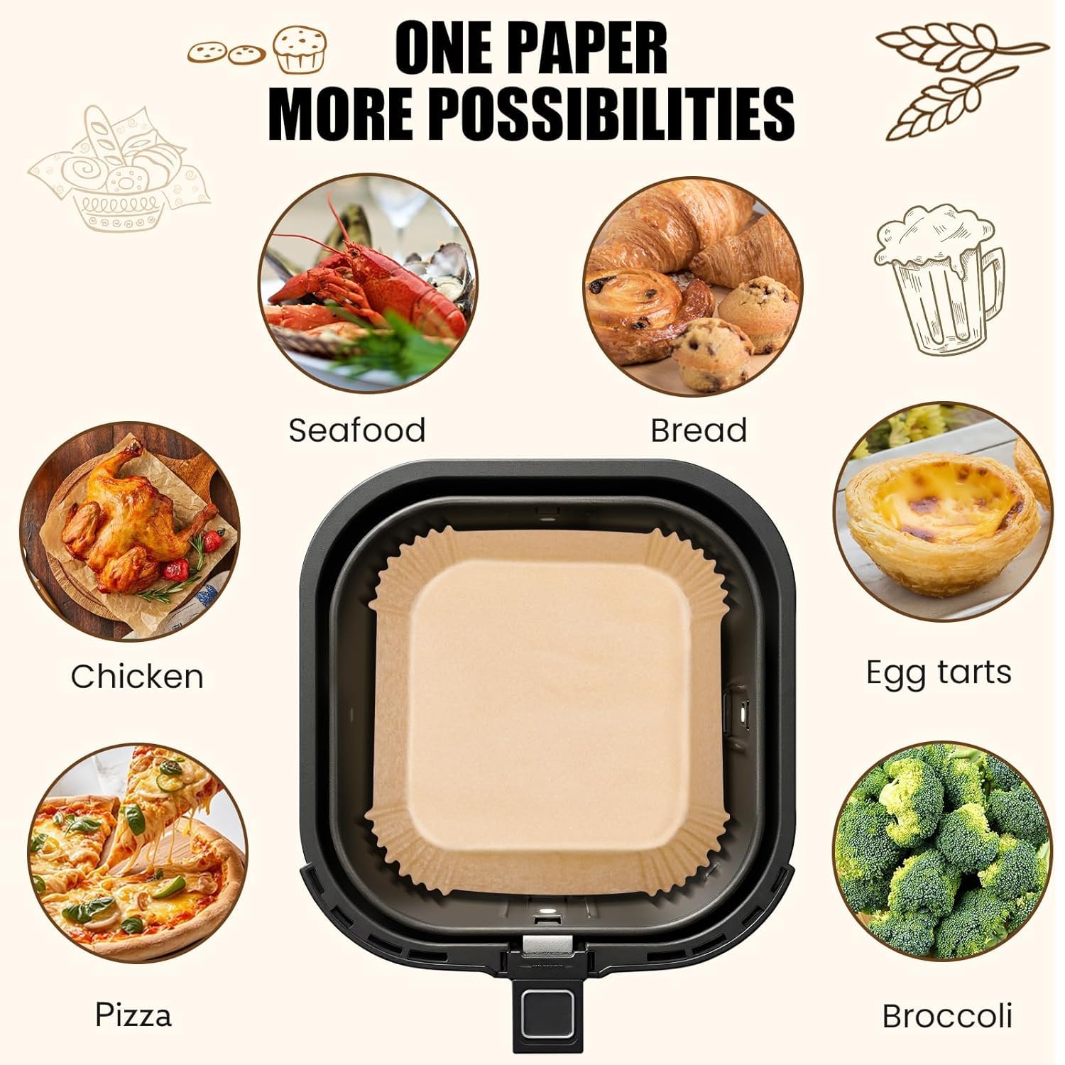 UCRAVO 100 PCS Air Fryer Paper Sheets Disposable Parchment Liners | Non-Stick Baking Paper | Heat Resistant Greaseproof Waterproof Air Fryer Tray Liners for Frying, Roasting, Microwave & Oven Cooking