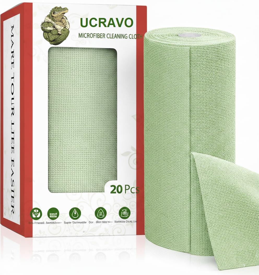 UCRAVO 1 Roll 20pcs Pastel Green Microfiber Cleaning Cloth Roll - Reusable & Washable Tear-Away Cleaning Rags for Home Kitchen Surfaces Garage & Auto Detailing | High Absorbent Car Wash Dishes Towels