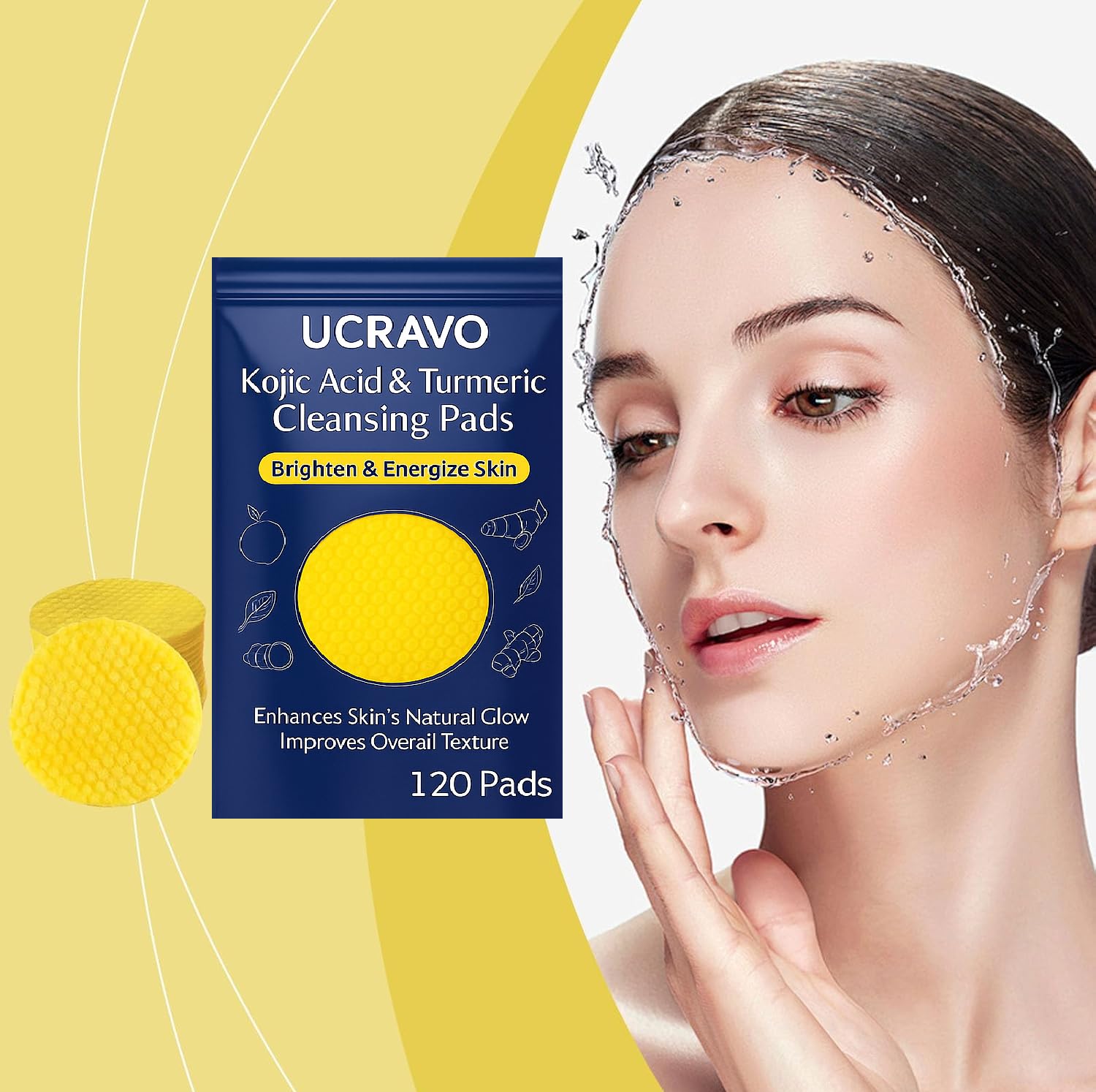 UCRAVO Kojic Acid & Turmeric Cleansing Pads – 120PCS | Skin Brightening & Dark Spot Remover | Foaming Exfoliating Face Pads with Vitamin C & B5 for Acne, Pigmentation – For All Skin Types - 2 PACK