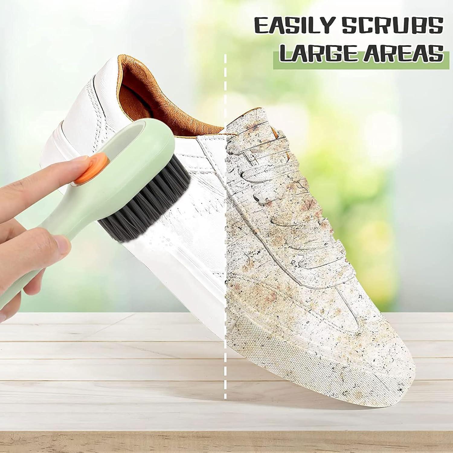 UCRAVO 2 Pieces Sneaker Cleaning Brush with Refillable Soap Dispenser | Professional Shoe Scrubber for White Canvas, Sports Shoes & Boots | Multi Surface Bathroom, Tile & Kitchen Cleaning Tool