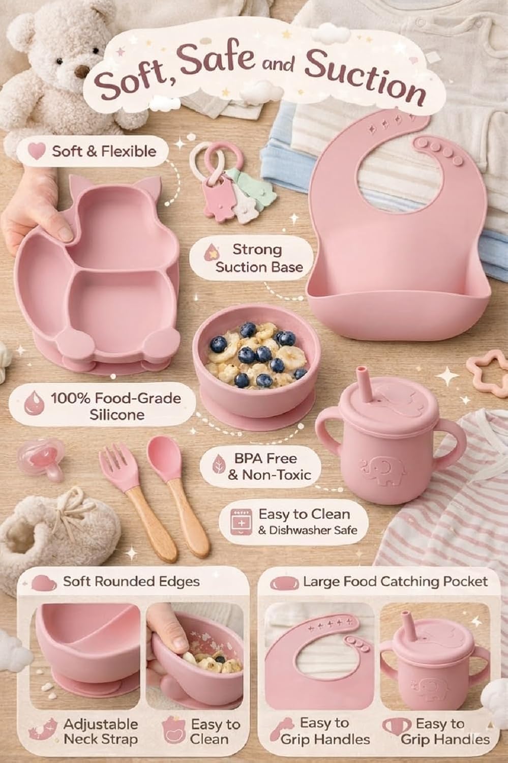 UCRAVO Pink Silicone Baby Feeding Set for Baby Girls 6 PS Baby Led Weaning Kit with Bowl & Animal Shape Divided Plate,Adjustable Food Catcher Bib,Leak Proof Straw Sippy Cup,Soft Silicone Spoon & Fork