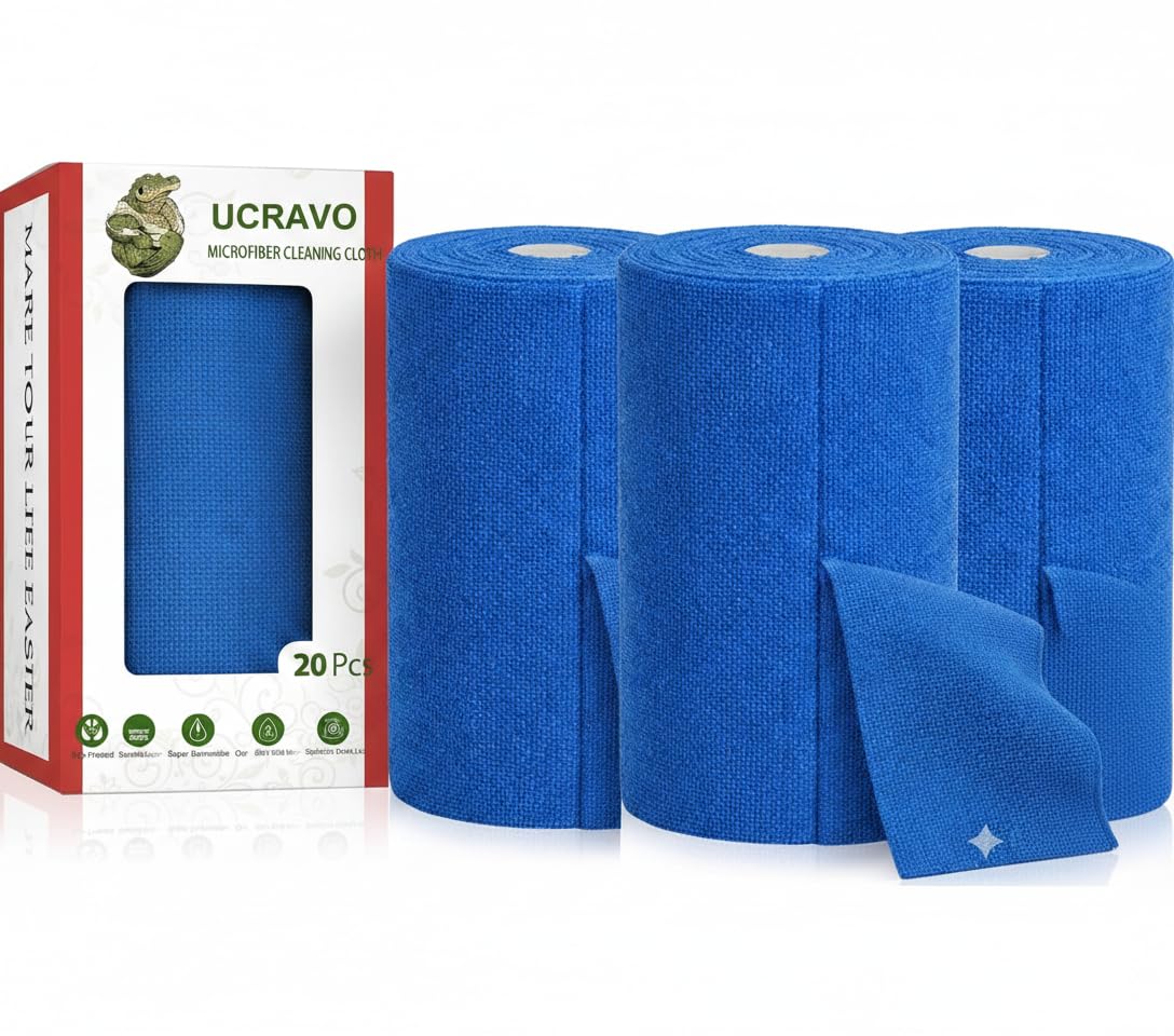 UCRAVO 3 Roll 60pcs Blue Microfiber Cleaning Cloth Roll - Precut Reusable Kitchen Clean Wipes | Non-Scratch Clean Towel for Bowls Pots Countertops & In-Car | Super Absorbent Washable Cleaning Rags