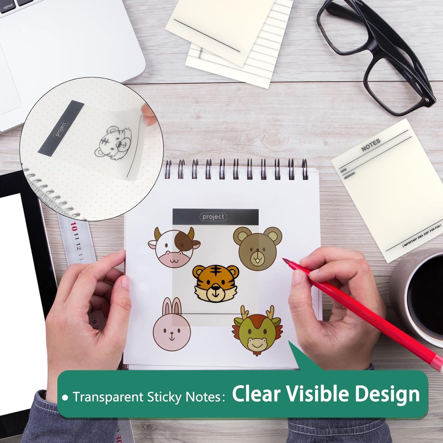 UCRAVO Transparent Sticky Notes Self-Stick Note Pads, Transparent Self Adhesive Removable Notes Perfect for Studying and Writing in Text Books Ideal for Studying, Writing, and Office Organization