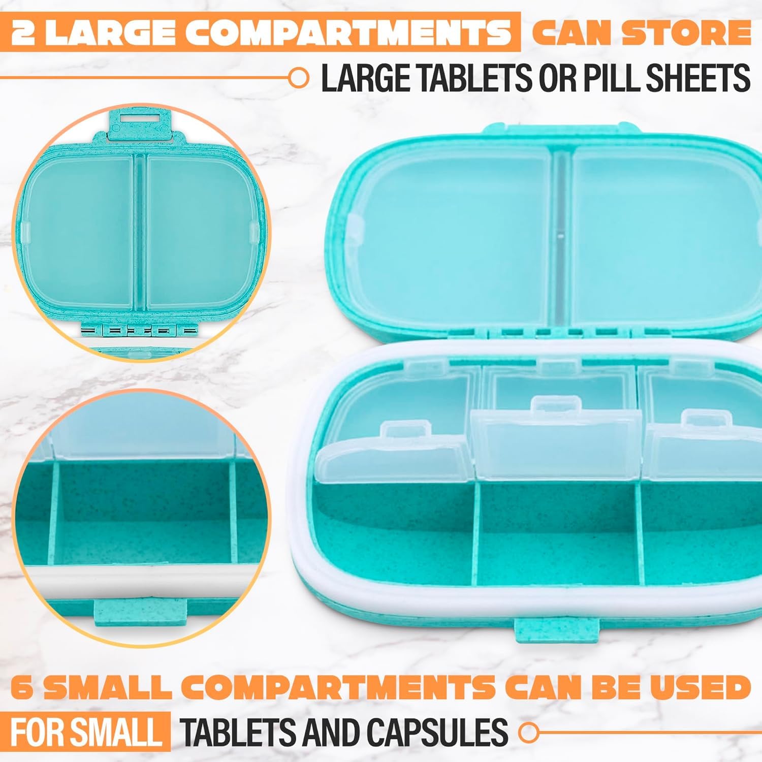 UCRAVO Pill Organizer Box with 8 Compartments Portable Medicine Storage Box for Daily Tablets,Capsules & Vitamins Travel Friendly Pill Case | Moisture Proof Tablet Organizer for Home, Office & Travel