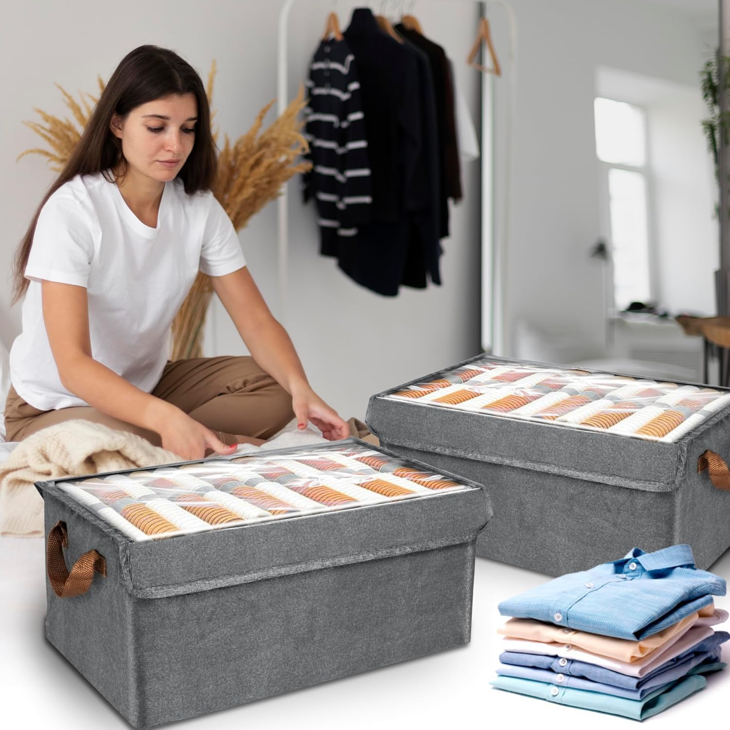 UCRAVO 1PC 26L Foldable Stackable Container Organizer Clothes Storage Box, Metal Frame Durable Clothes Basket Set with Lid & Handle, Fabric Closet Organizer Bin for Collapsible Wardrobe, Bedroom