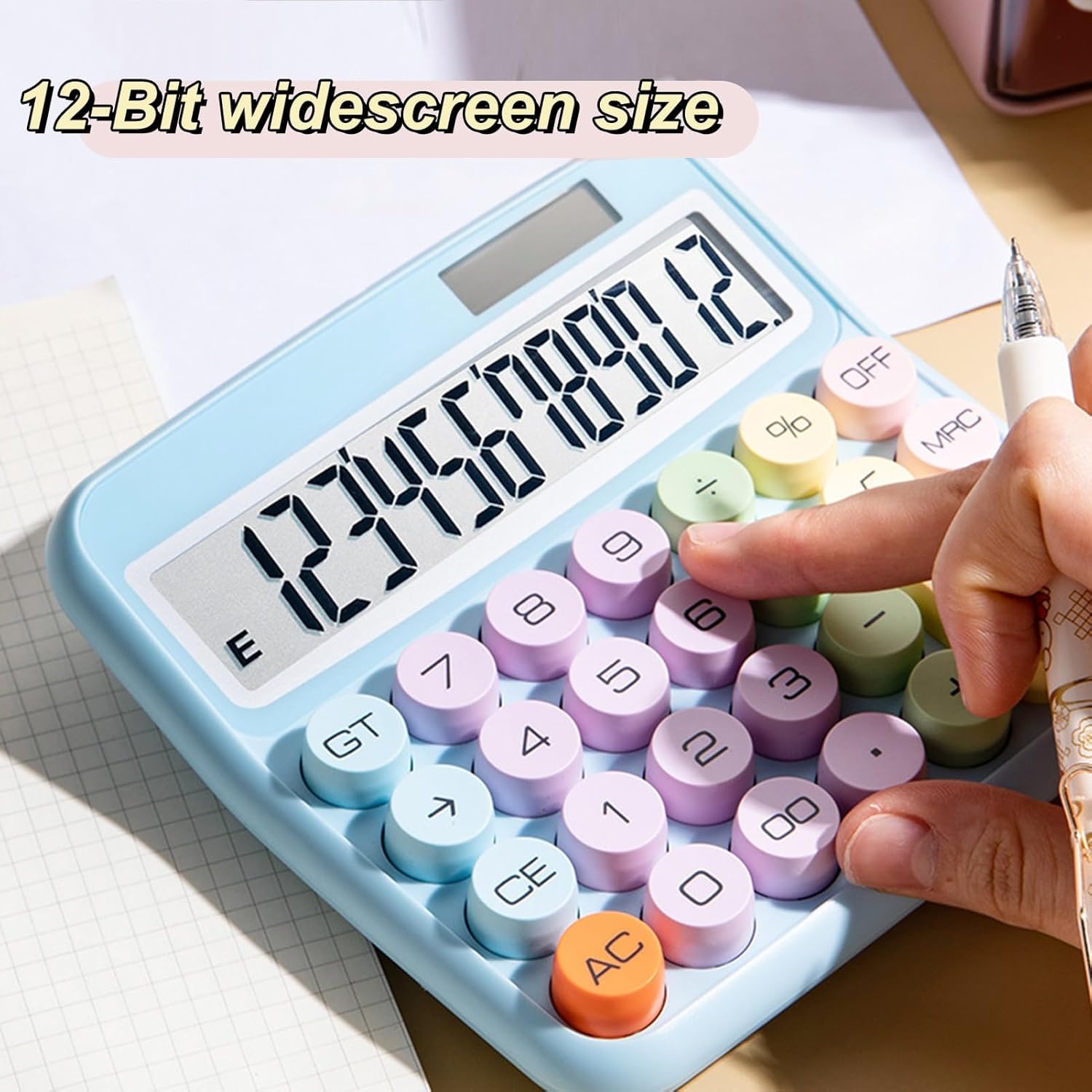 UCRAVO Cute Blue Desktop Calculator, 12-Digit Large LCD Display with Tilt Screen, Pastel Mechanical Round Button, Big Key Adding Machine for Office, School, Business & Aesthetic Desk