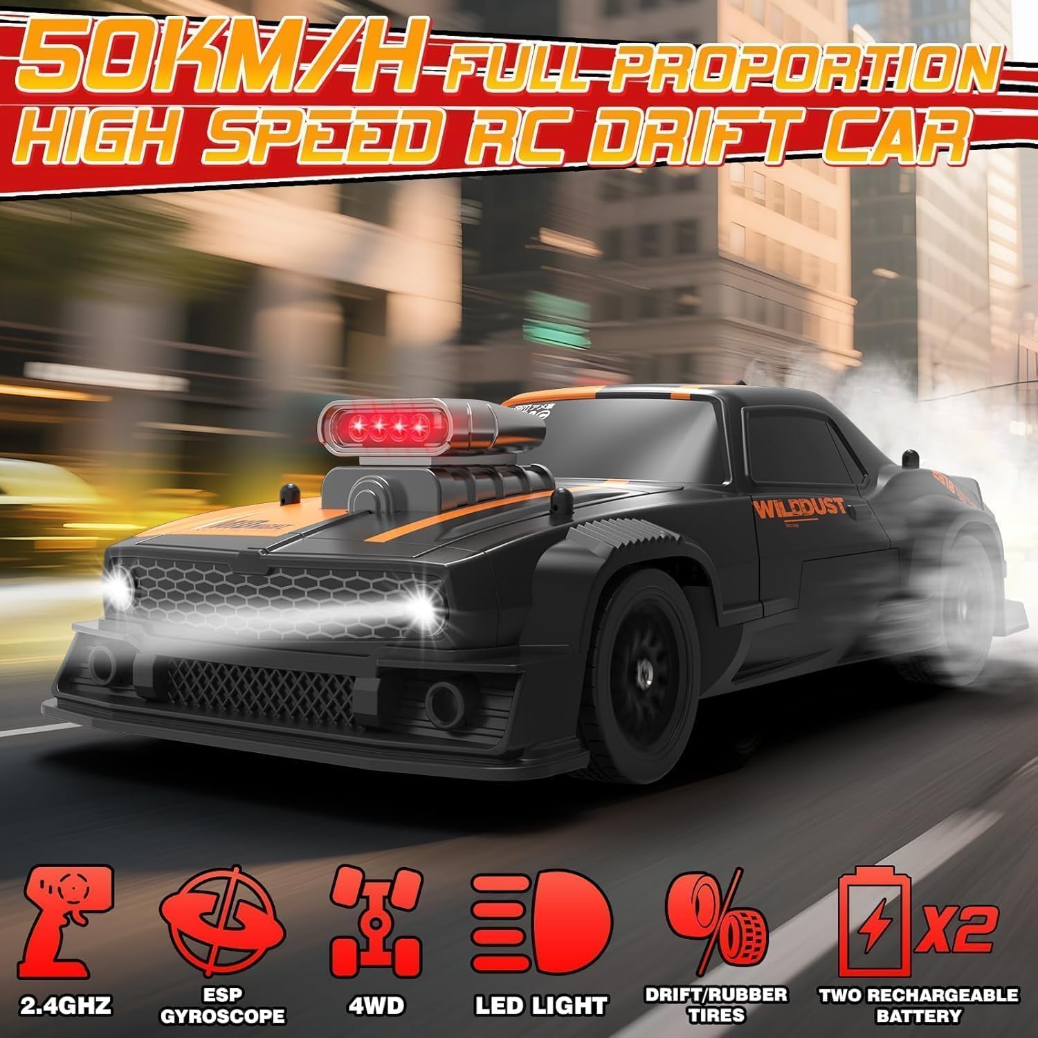 UCRAVO RC Racing Drift Car 1/16 Scale 4X4 High Speed 50+ MPH Remote Control Car with LED Lights, Rechargeable Battery, Off Road RC Buggy Electric Vehicle Model Toy for Kids Boys Girls Adults