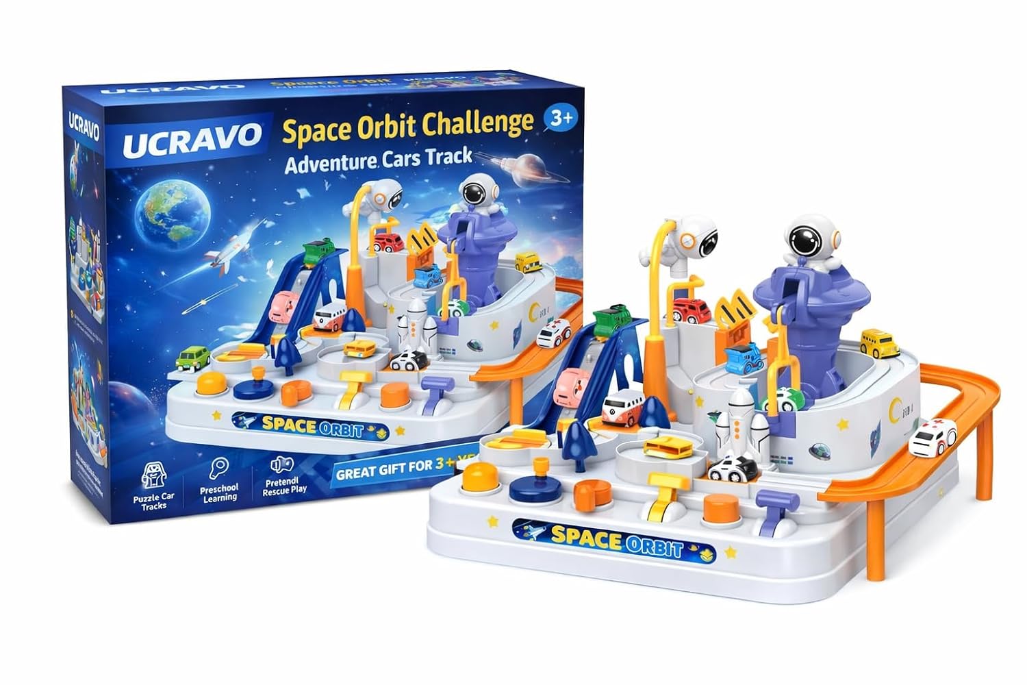 UCRAVO Space Orbit Challenge Adventure Cars Track Toy, Preschool Educational Puzzle Car Track Playset, City Rescue Vehicle Ramp Race Set with Space Theme, Interactive Toddler Learning Toy Gift