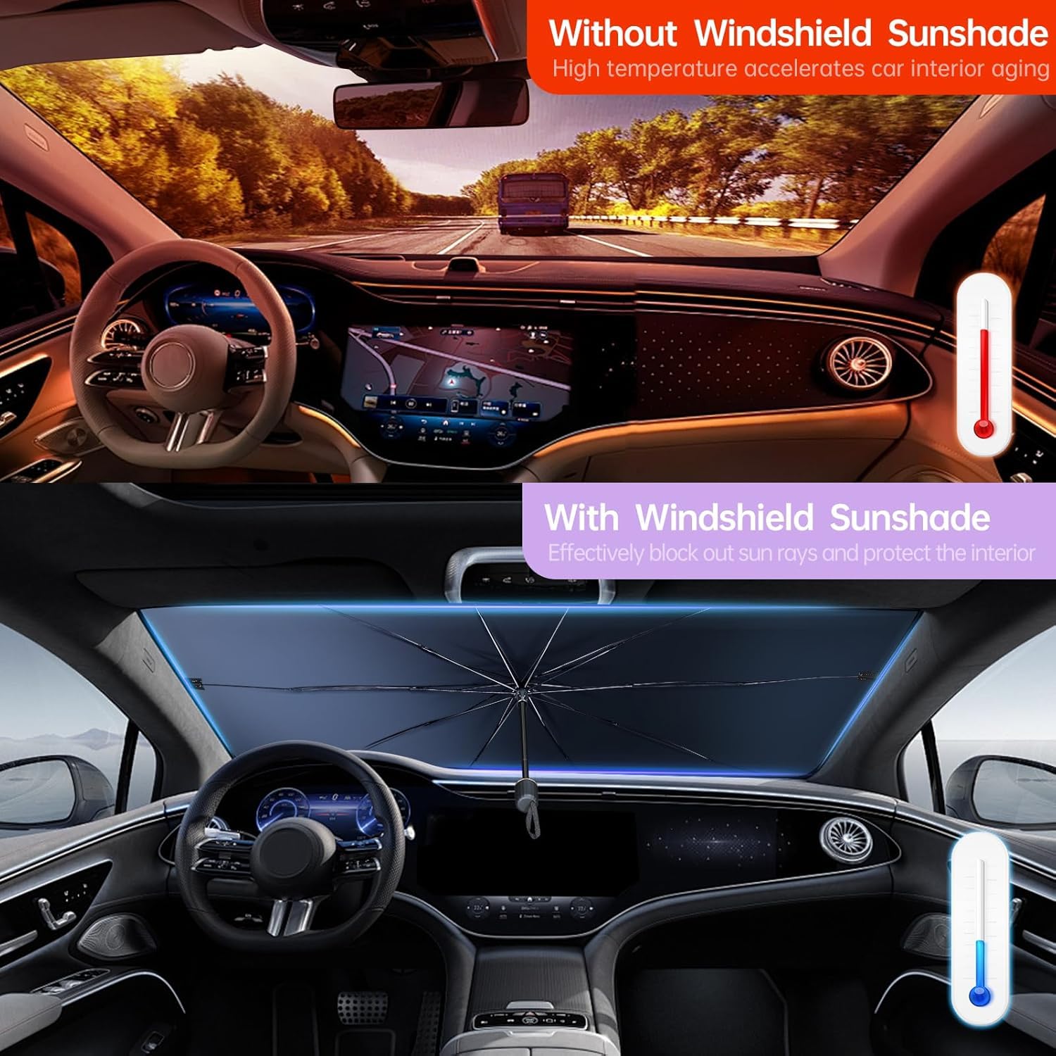 UCRAVO Car Windshield Sun Shade Umbrella, Foldable Windshield Sunshade Front Cover with UV Block, 360°Rotation Bendable Front Window Heat Insulation Protection for Auto Windshield Covers
