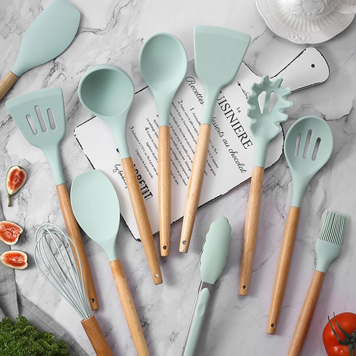 UCRAVO 12 Pc Silicone Kitchen Utensils & Spatula Set (Green) | Non-Stick Cooking/Baking Tools with Wooden Handle | BPA-Free, Heat-Resistant Flexible Silicon Cookware for Non-Stick Pans