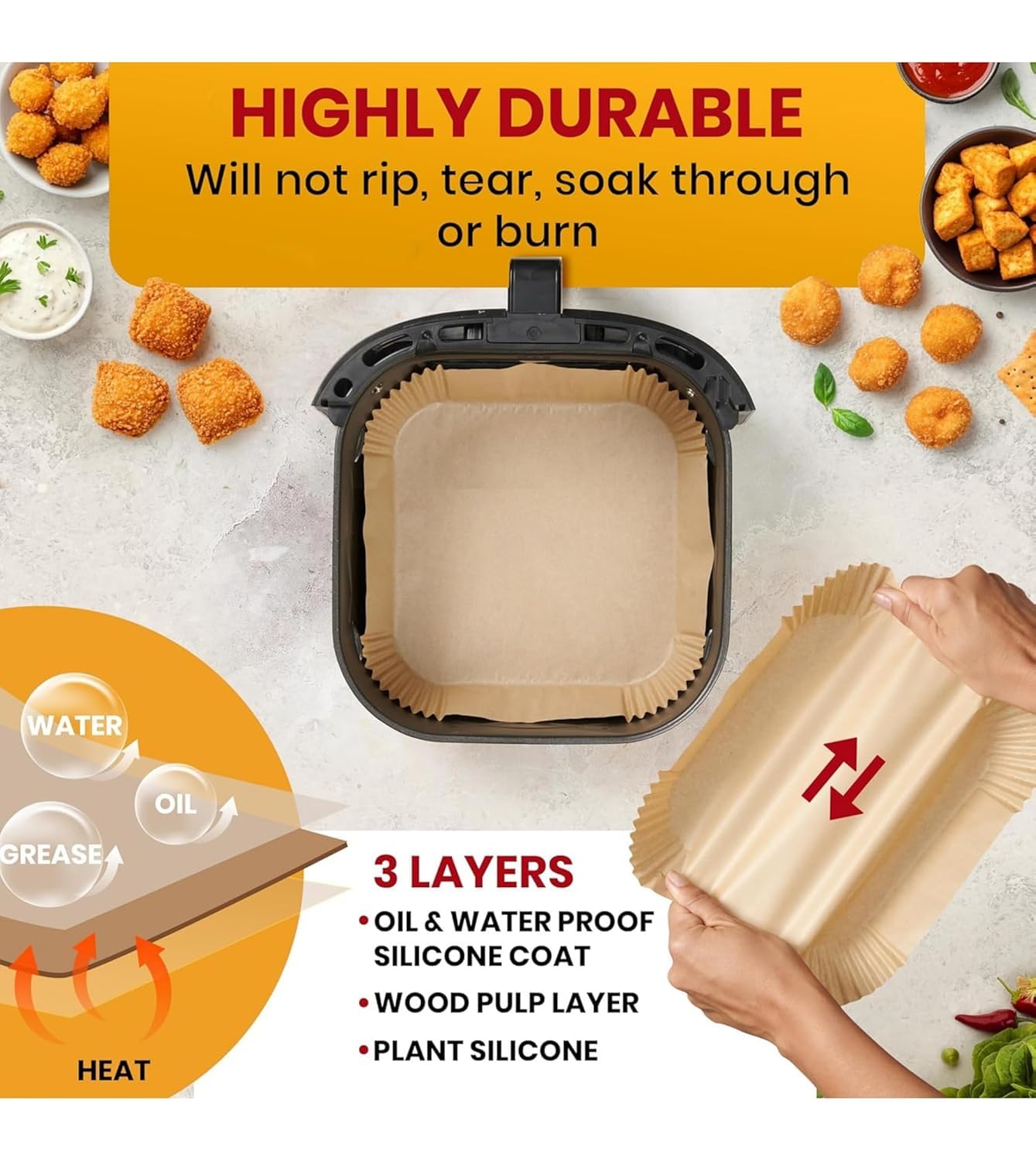 UCRAVO 100 PCS Air Fryer Paper Sheets Disposable Parchment Liners | Non-Stick Baking Paper | Heat Resistant Greaseproof Waterproof Air Fryer Tray Liners for Frying, Roasting, Microwave & Oven Cooking