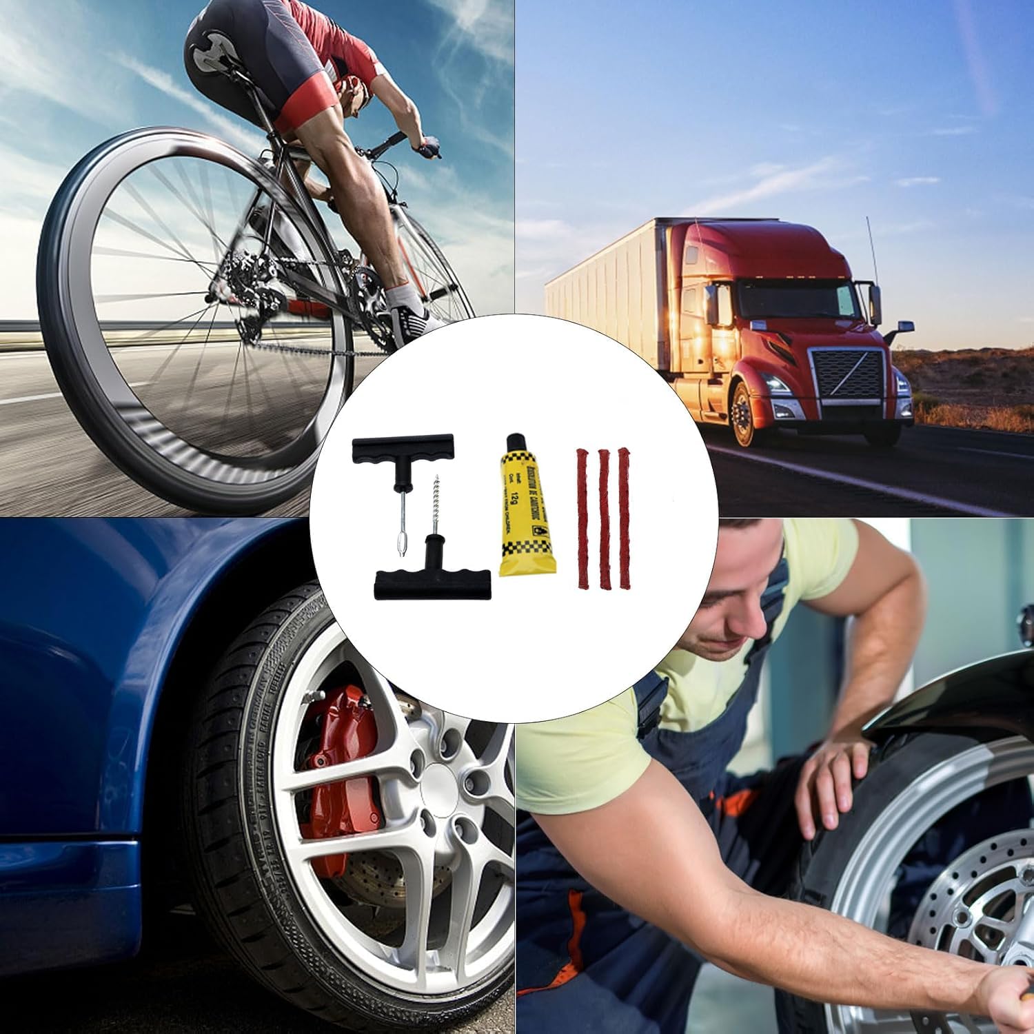 UCRAVO Tubeless Tyre Puncture Repair Kit Pack of 2 Car Bike Scooter Emergency Tire Repair Tool Set Heavy Duty T-Handle Reamer & Insertion Tool Rubber Repair Strips & Solution for Instant Air Leak Fix