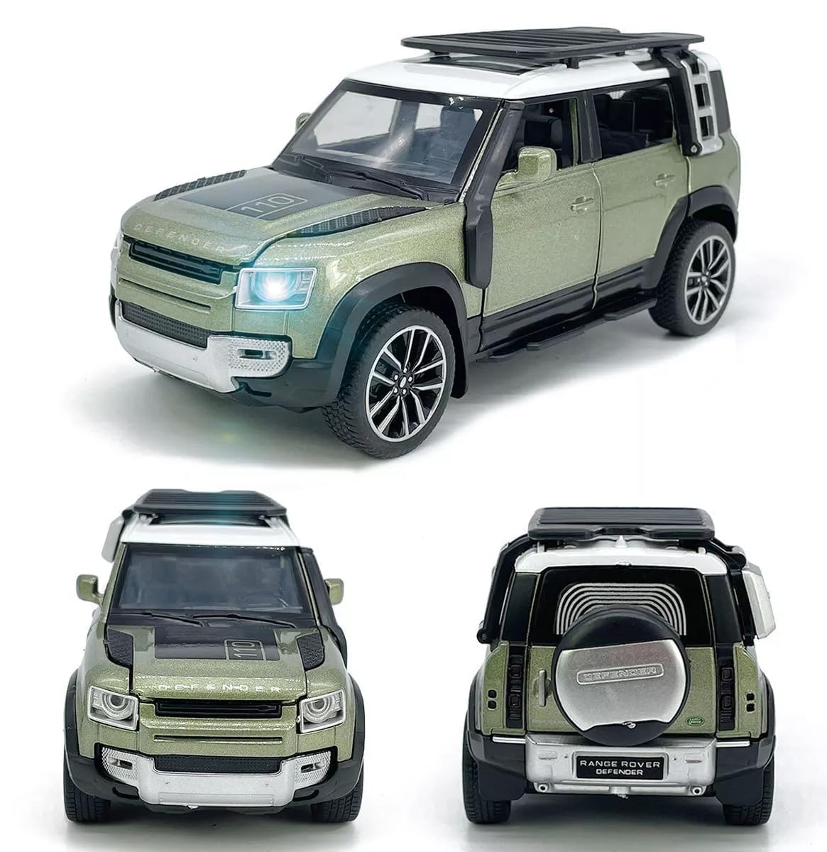 UCRAVO 1:32 Scale Range Rover Defender Alloy Metal Die Cast Car | Pull Back Toy Vehicle with Light & Music Openable Doors Premium Miniature Model Car Collectible Metal Toy Gift for Children & Adults