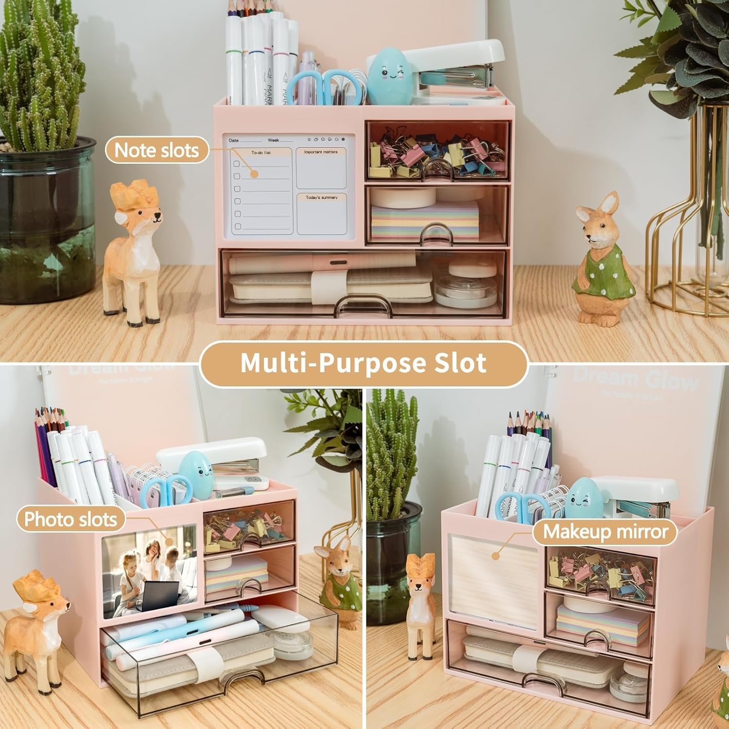 UCRAVO Pink Desk Organizer with Drawers for Office, Study Table, Home Multi-Functional Table Organizer for Stationery, Pens, Markers, Sticky Notes, Files Desktop Storage Box for Students & Office Use