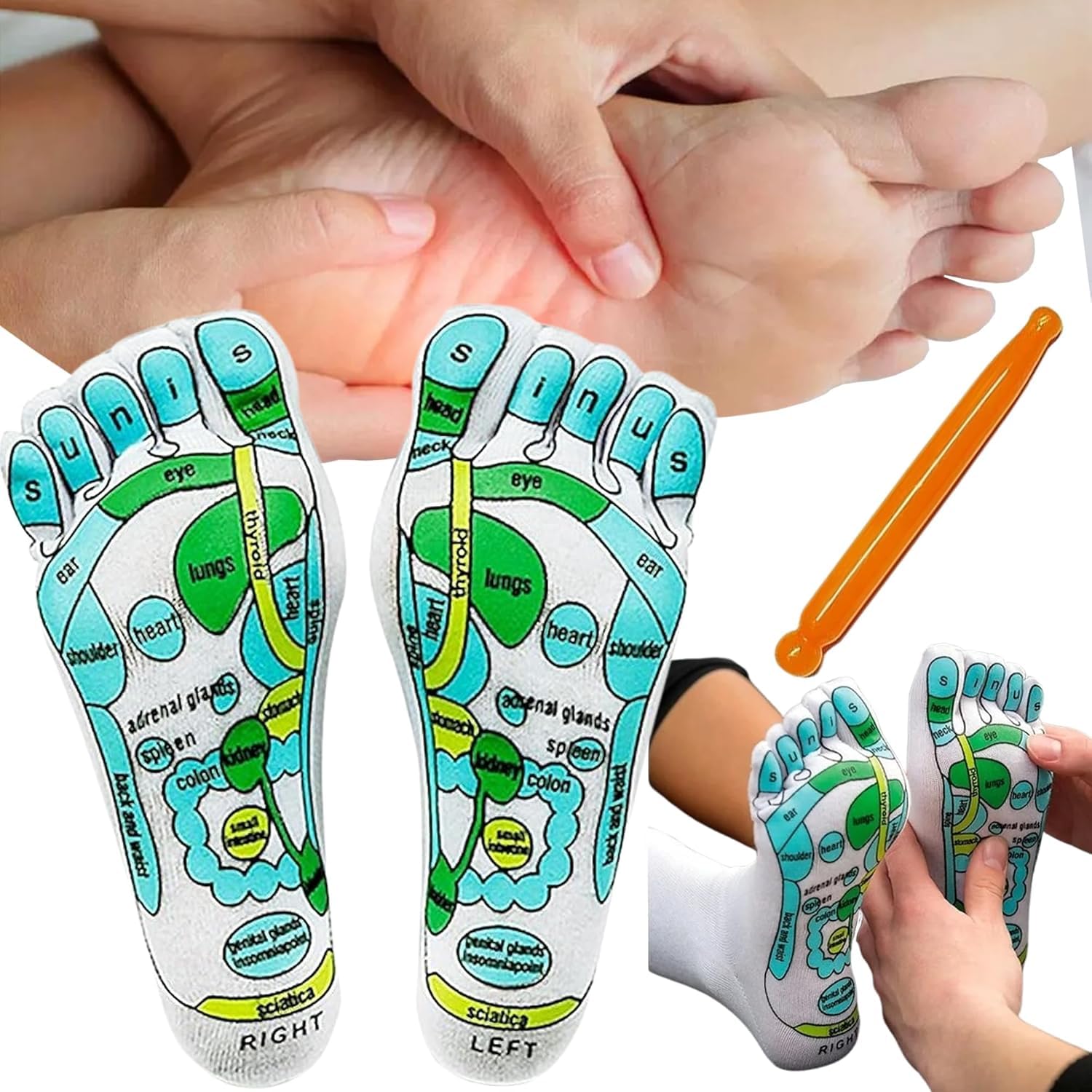 UCRAVO Reflexology Socks with Foot Massage Stick Acupressure Foot Chart Therapy Socks for Relief, Support, Heel Pain Treatment, Arch Support,Circulation Boost,Stress Relief,Home Spa Foot Massager Kit