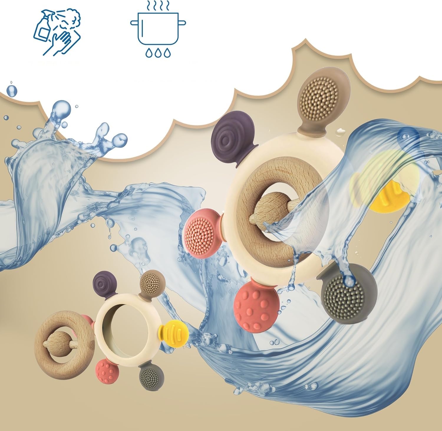 UCRAVO 2-in-1 Baby Teether Toy | Natural Neem Wood & Food-Grade Silicone Sensory Toy for Infants 3+ Months | BPA-Free Soft Teething Ring for Gum Relief | Safe Non-Toxic Antimicrobial Wood Baby Teether