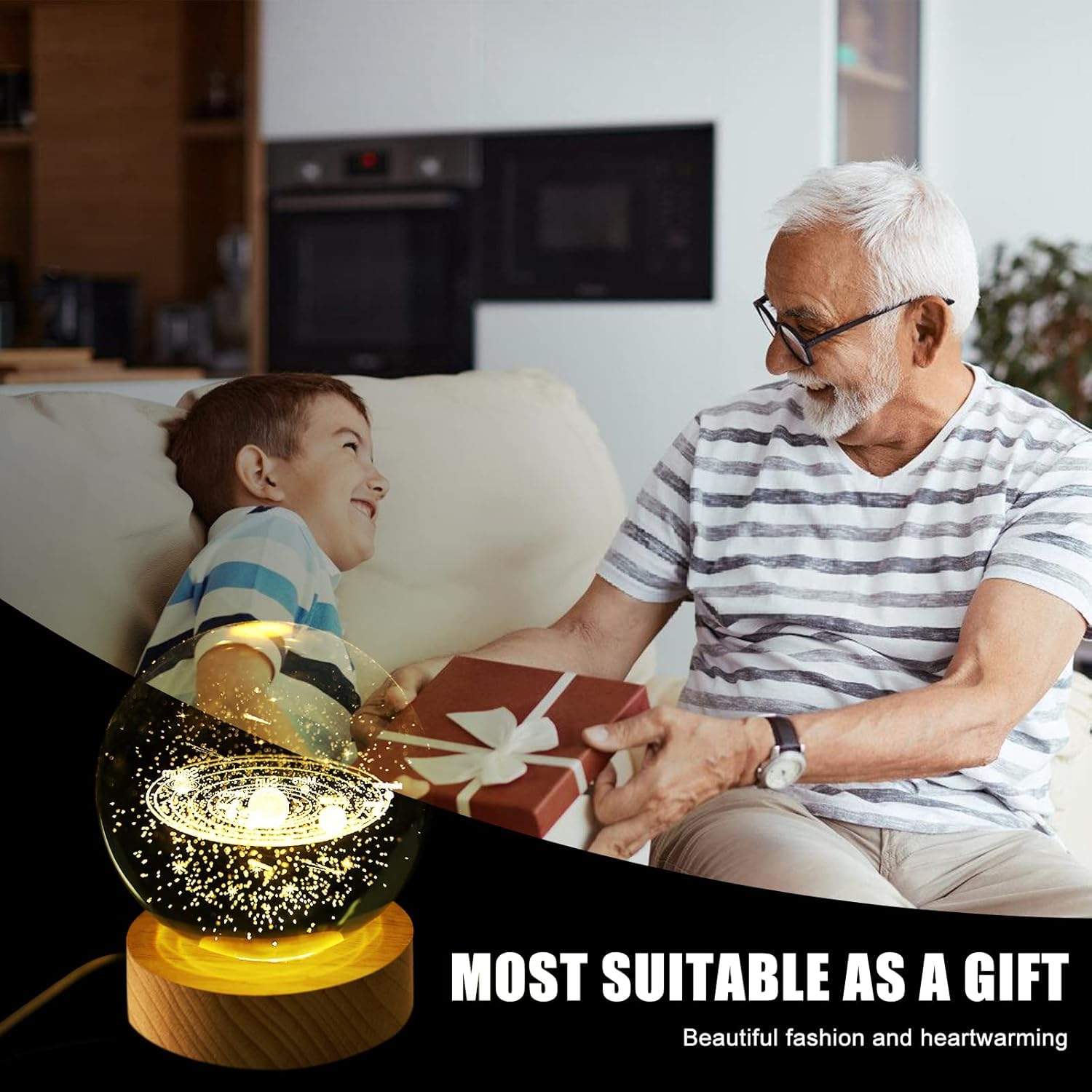 UCRAVO 3D Galaxy Crystal Ball with Wooden Base, 3D Crystal Ball Solar System, Planet Engraved Glass Ball Cosmic Model, Luminous Crystal Ball for Christmas Nightlight Astronomy Gifts for Kids Birthday