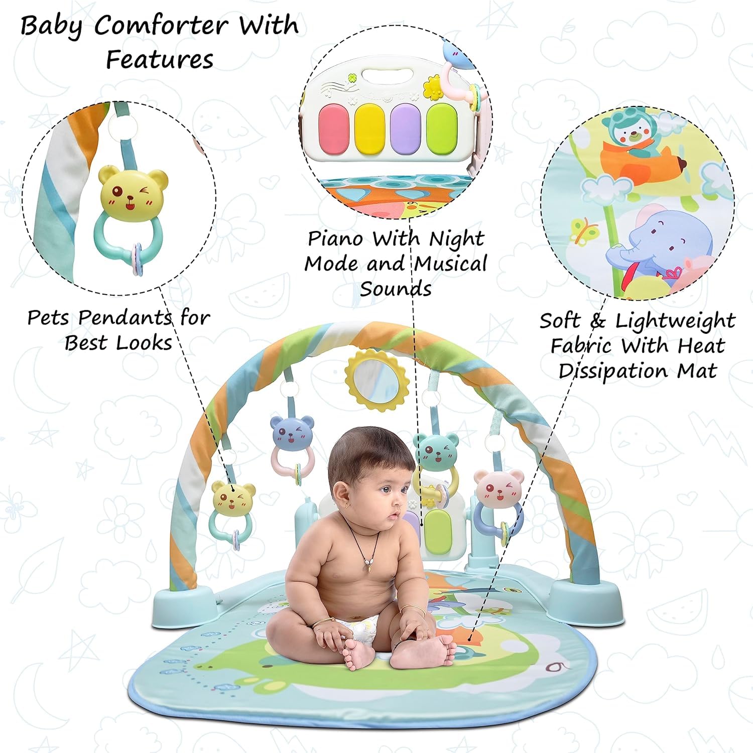 UCRAVO Play Gym Mat for Babies, 5-in-1 Indian Musical Keyboard Mat Piano Mat, Portable Baby Playing Mat for New Born with 5 Hanging Toys, Music & Lights, Indoor Activity for 0 to 12 Months Boys Girls