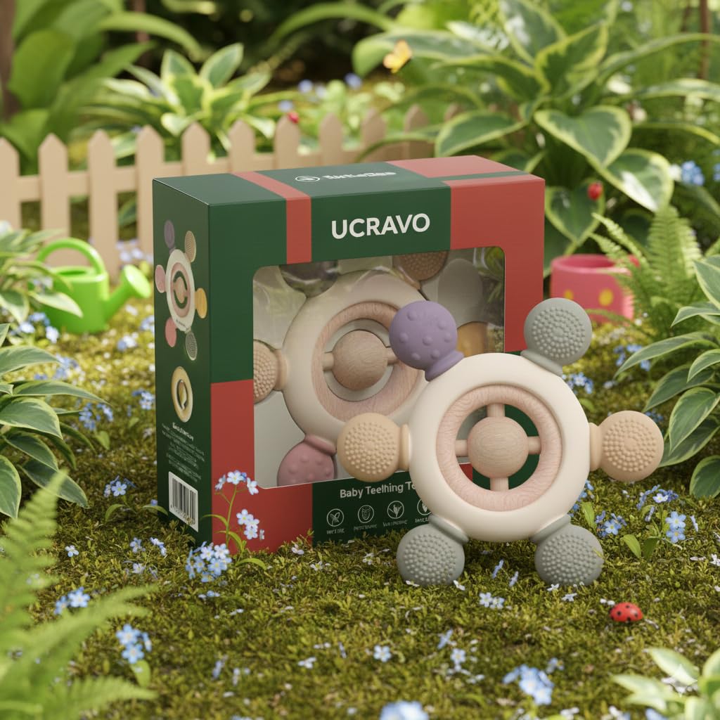UCRAVO 2-in-1 Baby Teether Toy | Natural Neem Wood & Food-Grade Silicone Sensory Toy for Infants 3+ Months | BPA-Free Soft Teething Ring for Gum Relief | Safe Non-Toxic Antimicrobial Wood Baby Teether