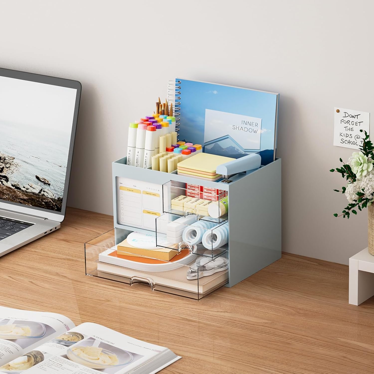 UCRAVO Blue Aesthetic Desk Organizer and Storage with 3 Clear Drawers Multi-Functional Large Capacity Pencil Pen Holder | Cute Desktop Organizer with 8 Compartments for Office, Home, and Art Supplies