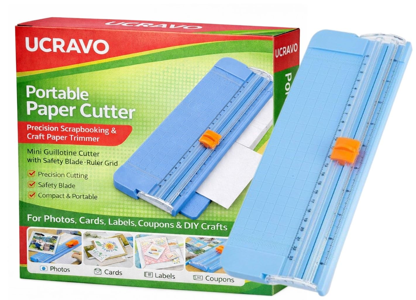 UCRAVO Small Guillotine Paper Cutter – Cute Portable Paper Trimmer with Automatic Safety Blade & Ruler Grid | A4 Precision Cutting Board for Scrapbooking, Photos, Labels, Coupons & Office Craft Use