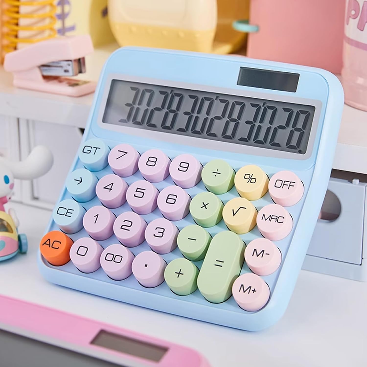 UCRAVO Cute Blue Desktop Calculator, 12-Digit Large LCD Display with Tilt Screen, Pastel Mechanical Round Button, Big Key Adding Machine for Office, School, Business & Aesthetic Desk