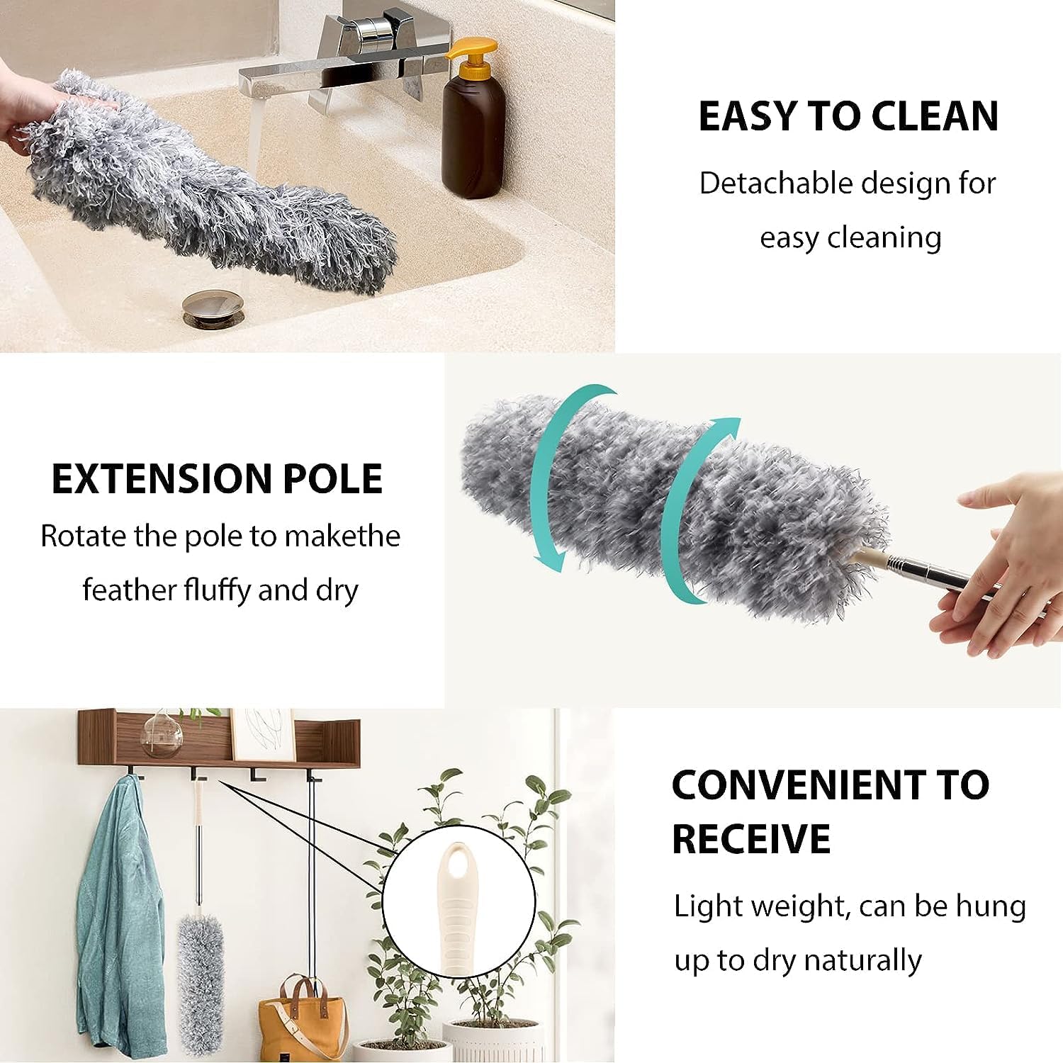 UCRAVO 3 in 1 Microfiber Feather Duster Set with 100 Inch Extendable Pole | 4 PCS Bendable Washable Fan Cleaning Brush for Ceiling Fans, High Ceilings, Cobwebs, Furniture, Walls & Home Dusting