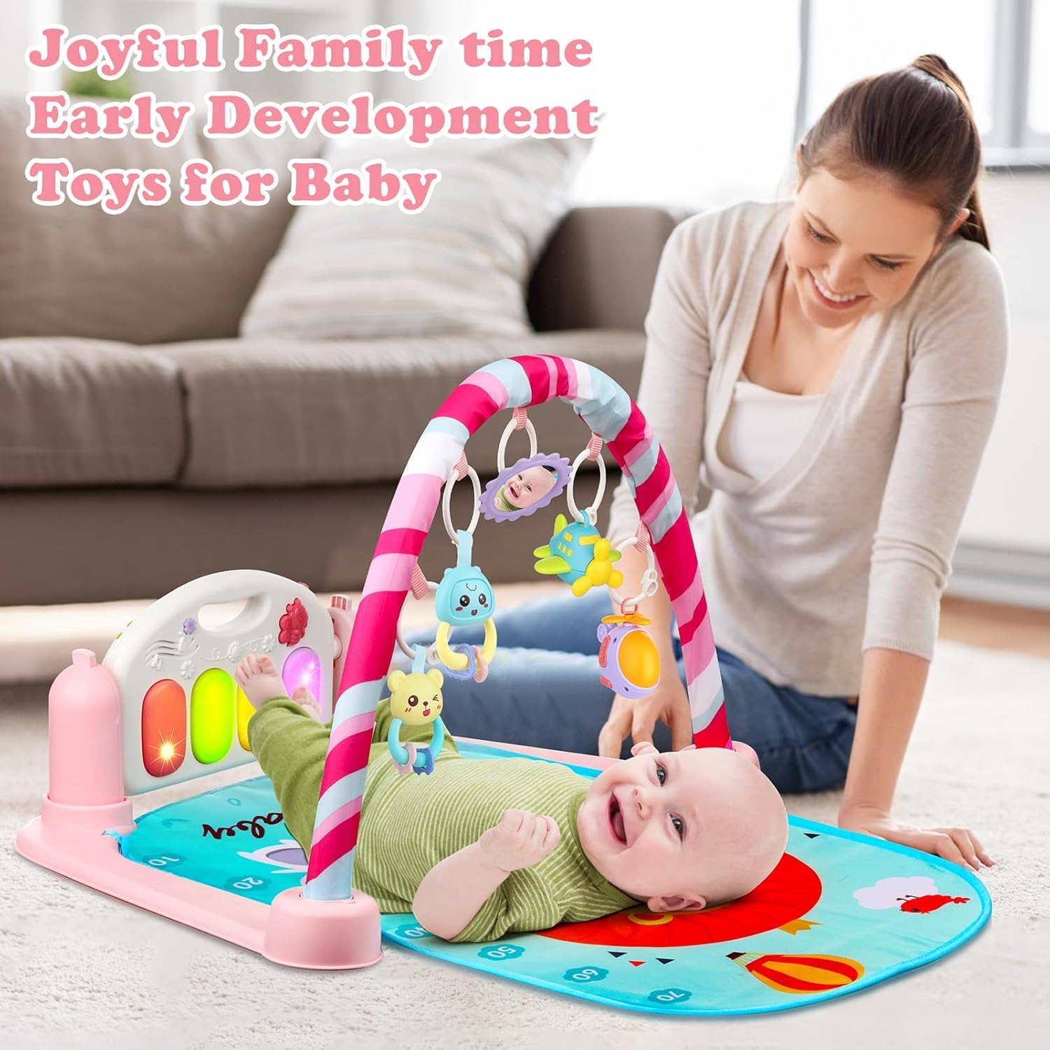 UCRAVO Play Gym Mat for Babies, 5-in-1 Indian Musical Keyboard Mat Piano Mat, Portable Baby Playing Mat for New Born with 5 Hanging Toys, Music & Lights, Indoor Activity for 0 to 12 Months Boys Girls