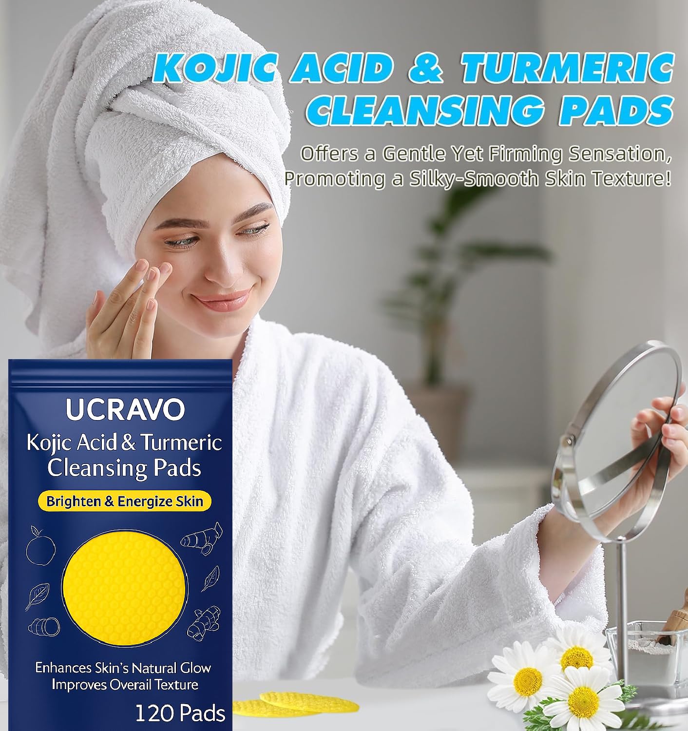 UCRAVO Kojic Acid & Turmeric Cleansing Pads – 120PCS | Skin Brightening & Dark Spot Remover | Foaming Exfoliating Face Pads with Vitamin C & B5 for Acne, Pigmentation – For All Skin Types - 2 PACK