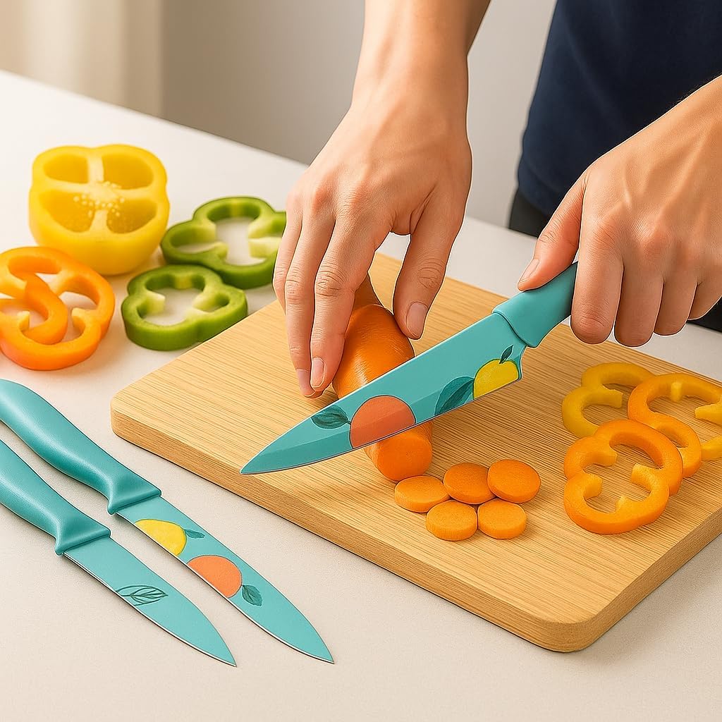 UCRAVO 3 Pcs Green Professional Kitchen Knife Set, Colorful Stainless Steel Chef Utility, Paring Knife, Razor Sharp Multipurpose Knives for Cutting Vegetables, Fruits, Bread with Non Slip Handle