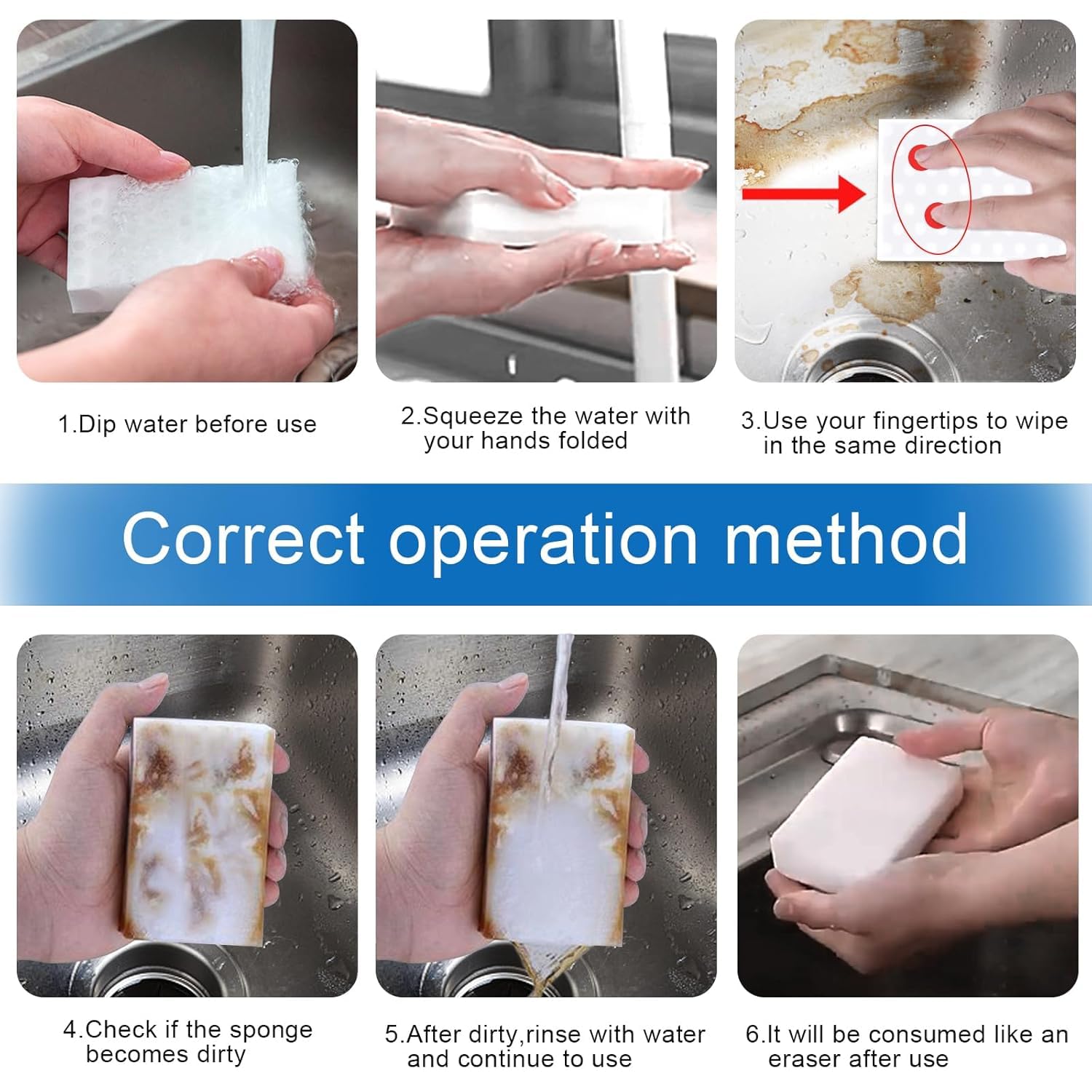 UCRAVO Magic Eraser Cleaning Sponge Pack of 6 No Scratch Multi-Surface 4X Stronger Removes 100+ Tough Stains Long Lasting Just Add Water, Kitchen Accessories Items for Home, Bathroom & Switch Boards
