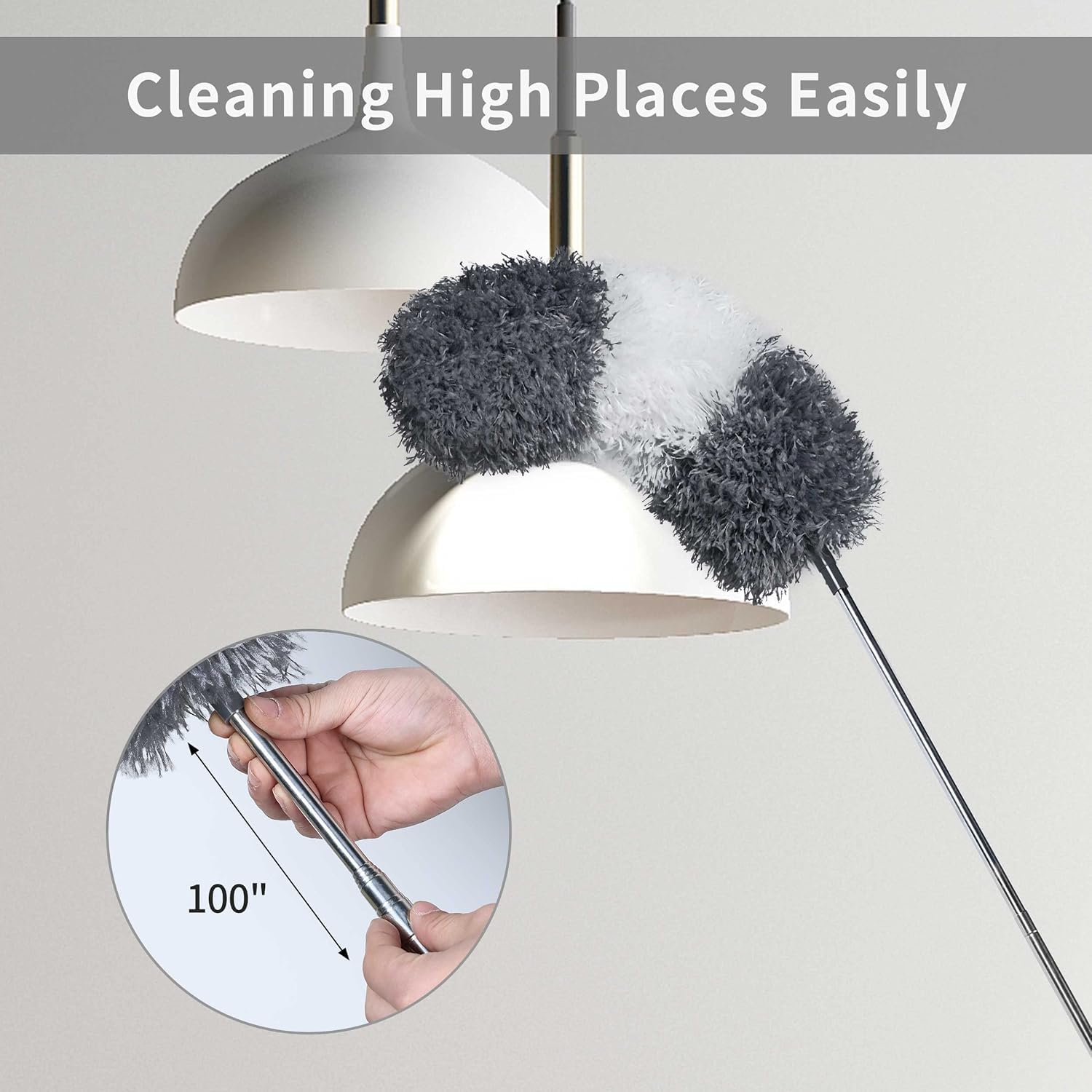 UCRAVO 3 in 1 Microfiber Feather Duster Set with 100 Inch Extendable Pole | 4 PCS Bendable Washable Fan Cleaning Brush for Ceiling Fans, High Ceilings, Cobwebs, Furniture, Walls & Home Dusting